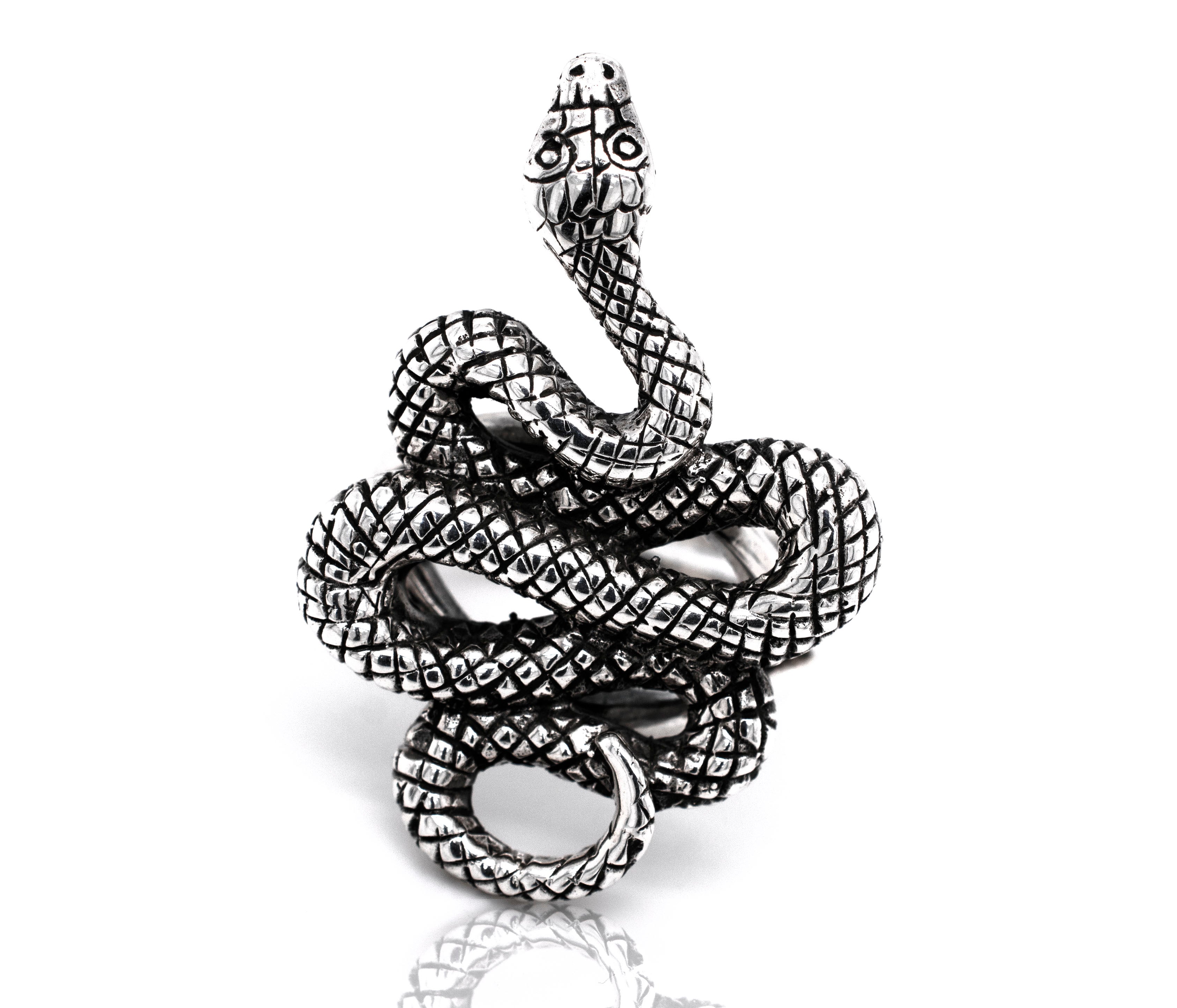 An adjustable Bold Designer Snake Ring featuring a silver snake design, showcased against a pristine white background.