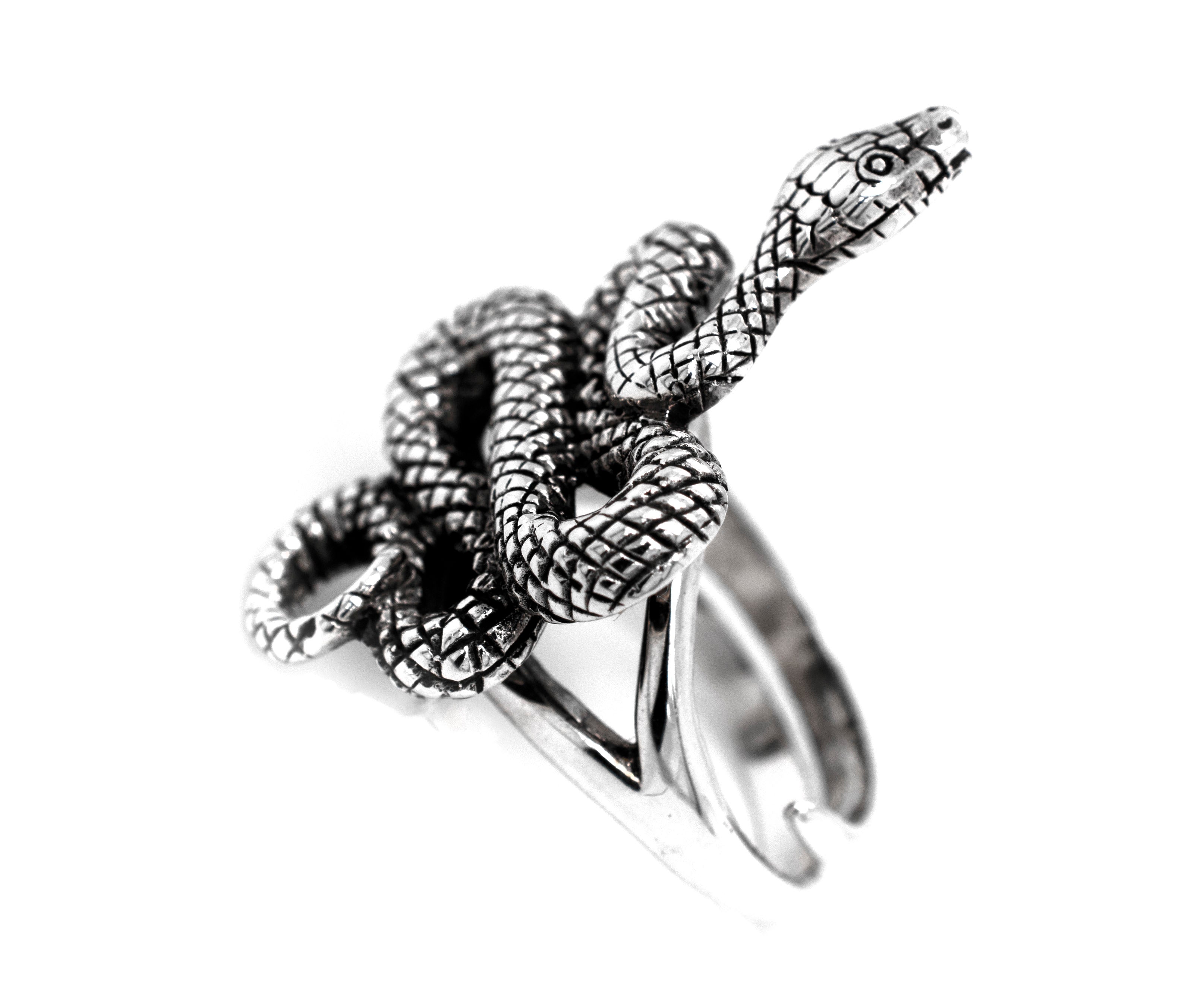 An artisan's Bold Designer Snake Ring on a white background.