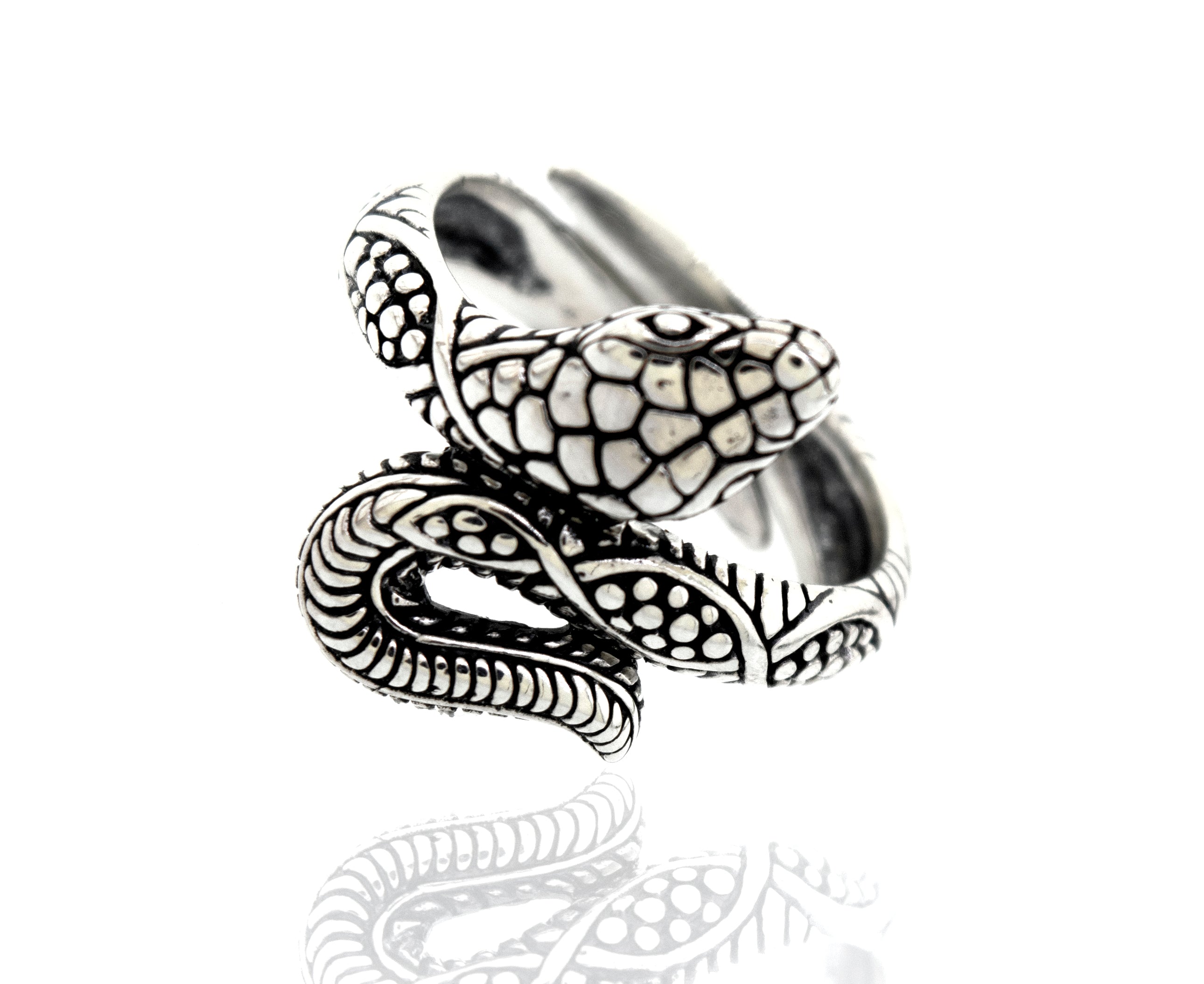 A handcrafted Super Silver Online Only Exclusive Designer Snake Ring with an adjustable size band, showcased on a white background.
