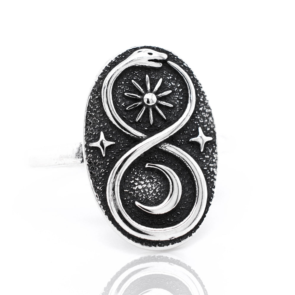 
                  
                    A Celestial Ouroboros Snake Ring by Super Silver, with an infinity symbol, representing symbolism.
                  
                