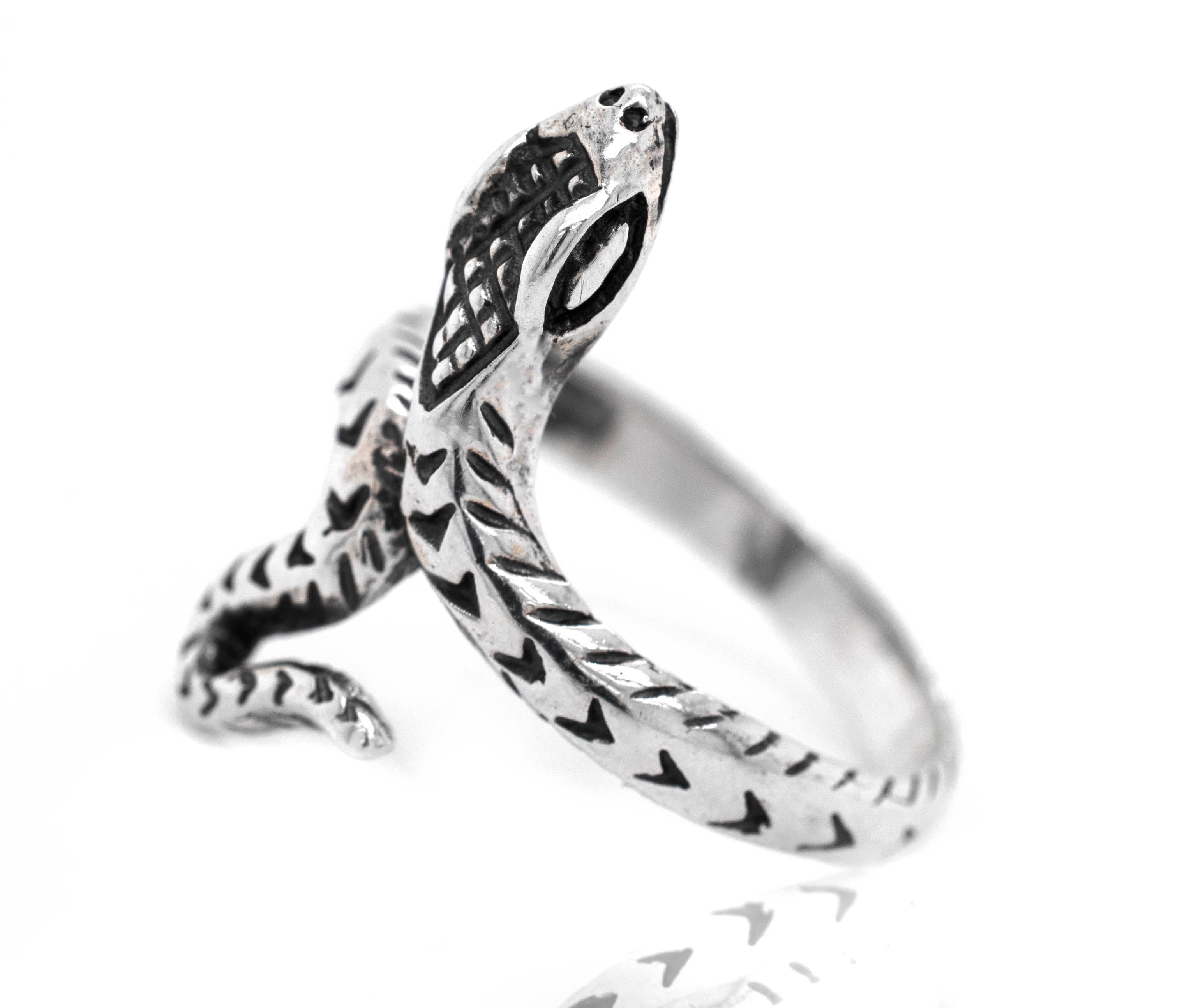 A Captivating Snake Ring with a diamond pattern on a white background from Super Silver.