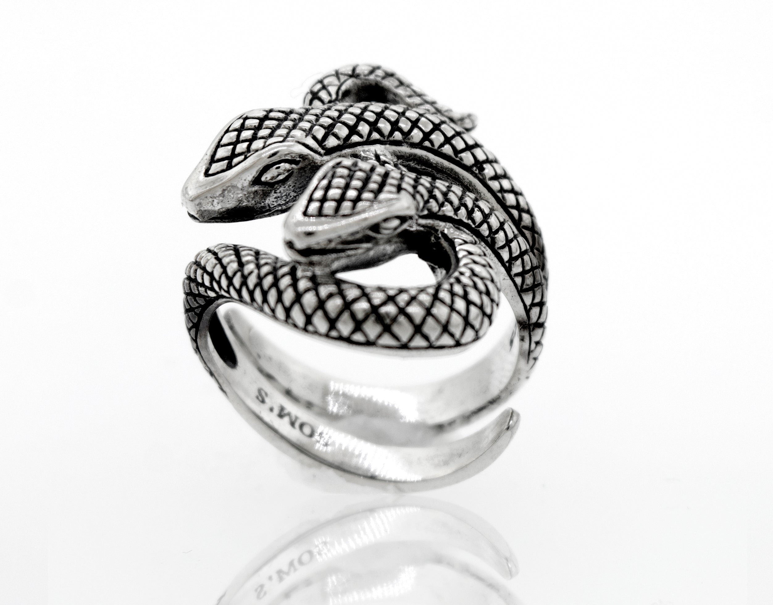 A Double Headed Snake Ring, handcrafted with two snakes, made by Super Silver.