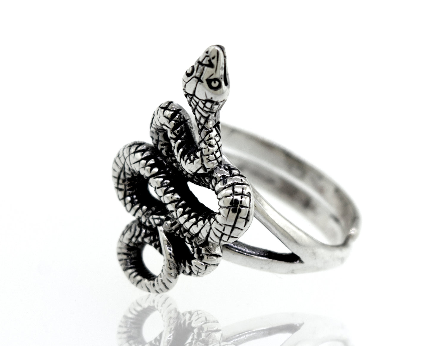 
                  
                    A sterling silver Compelling Snake Ring with a snake design.
                  
                
