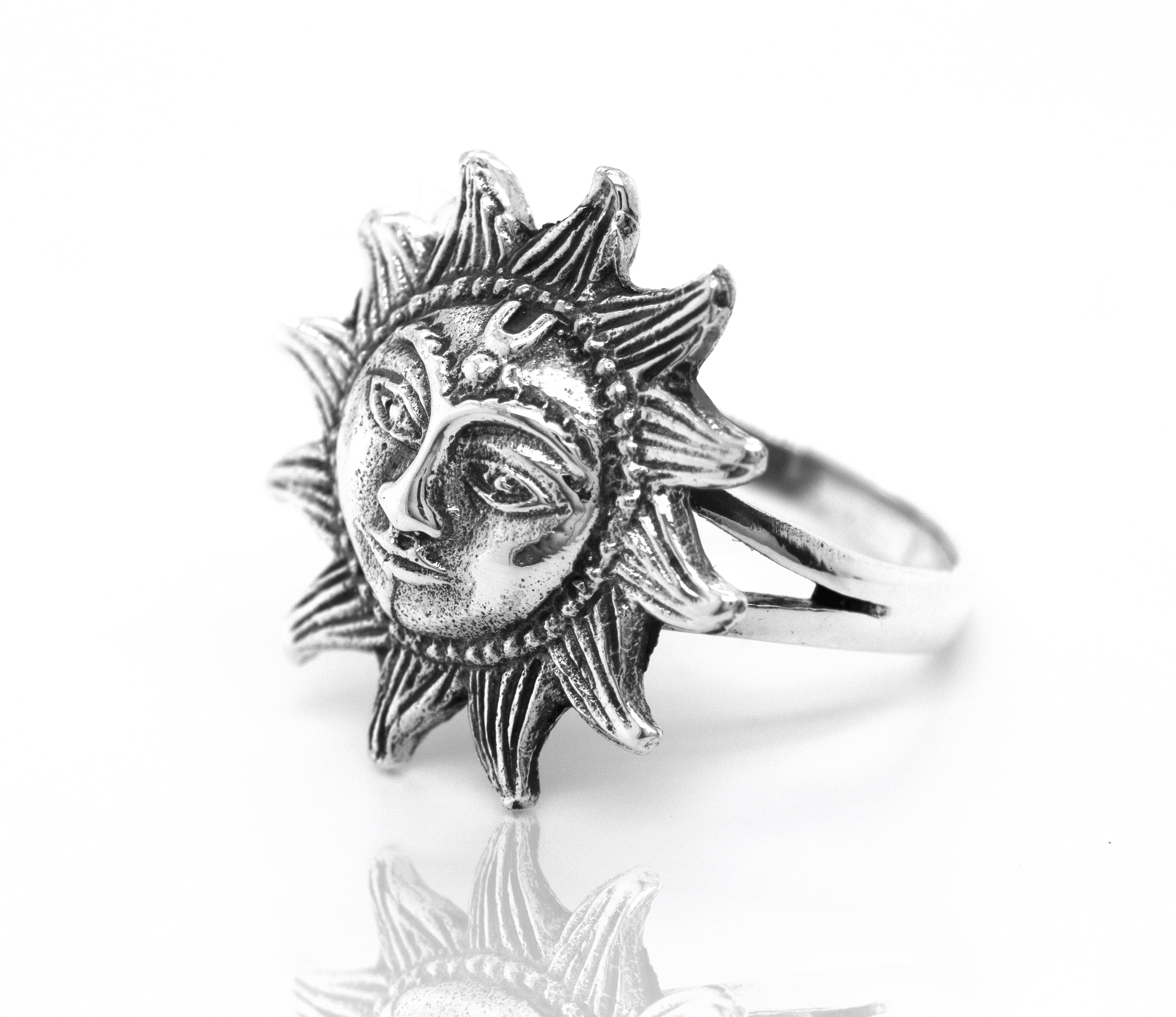 A Super Silver Sun With Face Ring, a sleek silver ring featuring a charming face, perfect for day to day use.