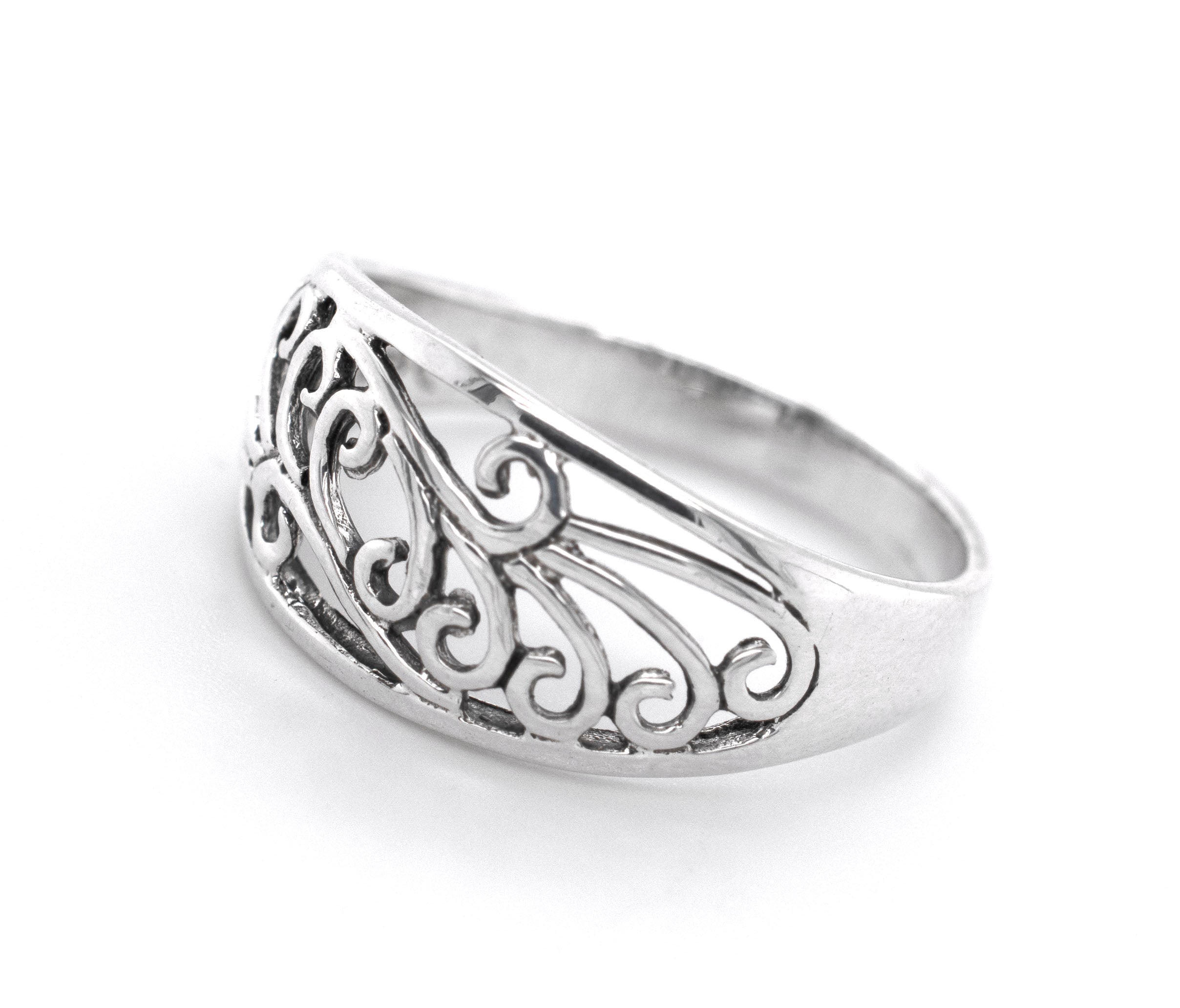 An art nouveau-styled Sweeping Domed Filigree Ring from Super Silver, showcasing artful extravagance.