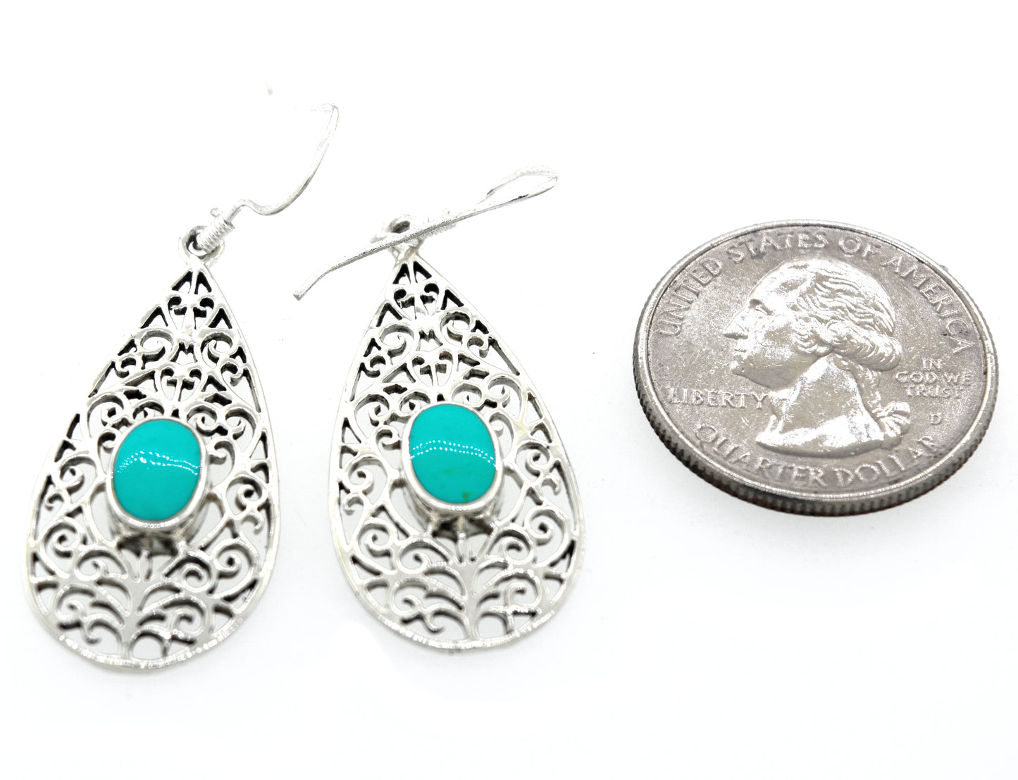 A pair of Super Silver Elegant Teardrop Shape Turquoise Earrings.