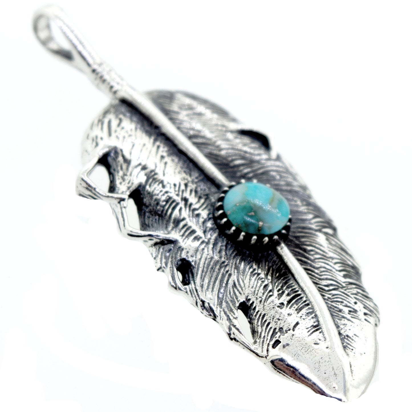 Round Native Inspired Feather Pendant With Turquoise set in .925 Super Silver design.