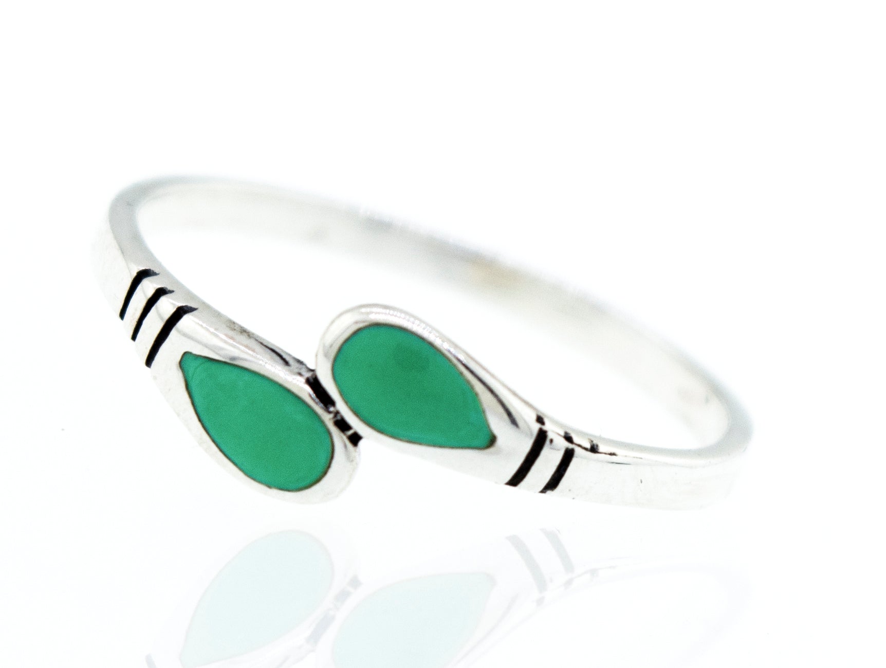 An elegant Super Silver Green Turquoise Teardrop Shape Ring with two turquoise stones.