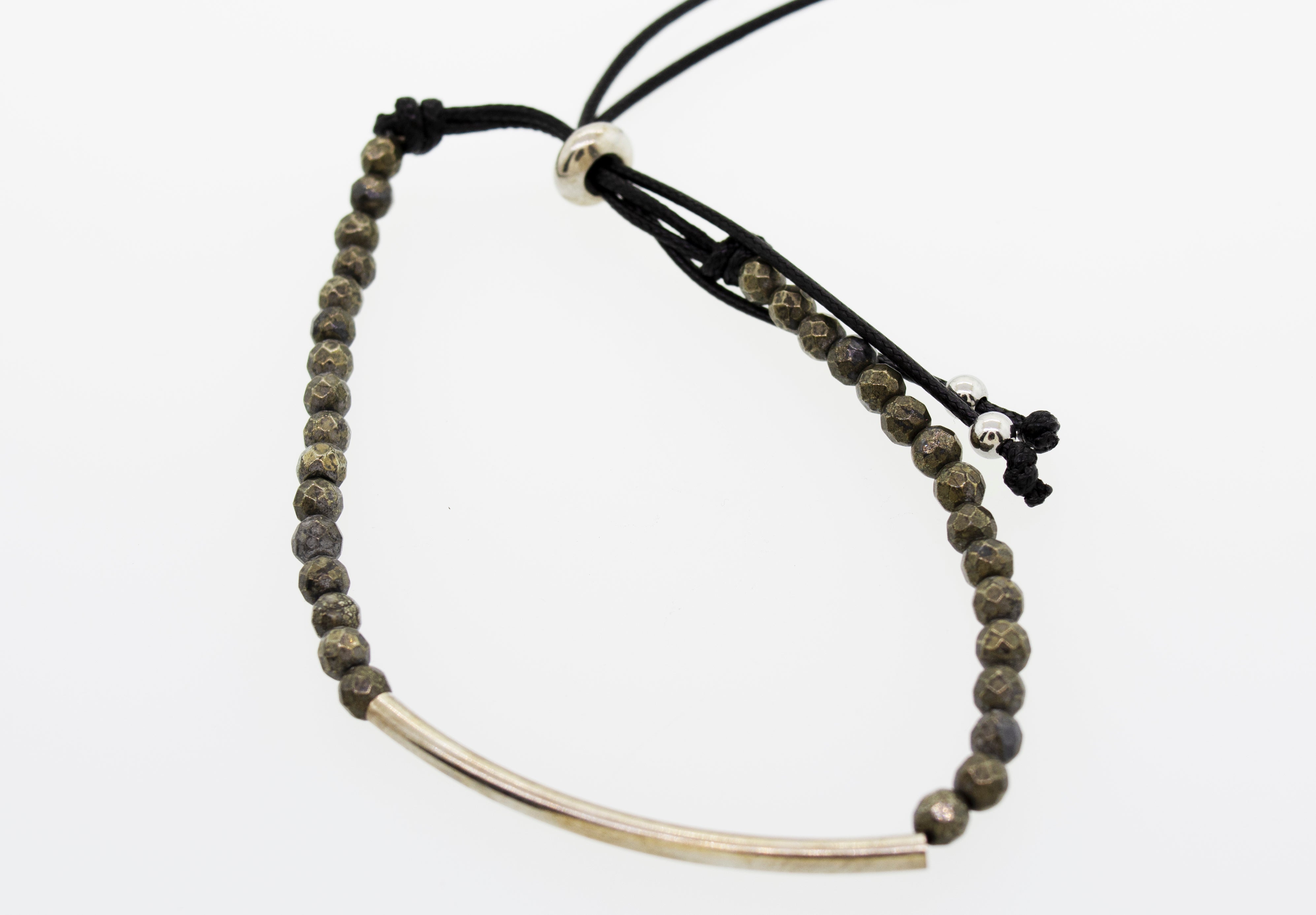 A Super Silver Adjustable Gemstone Bead Bracelet with a silver bar and a black cord.