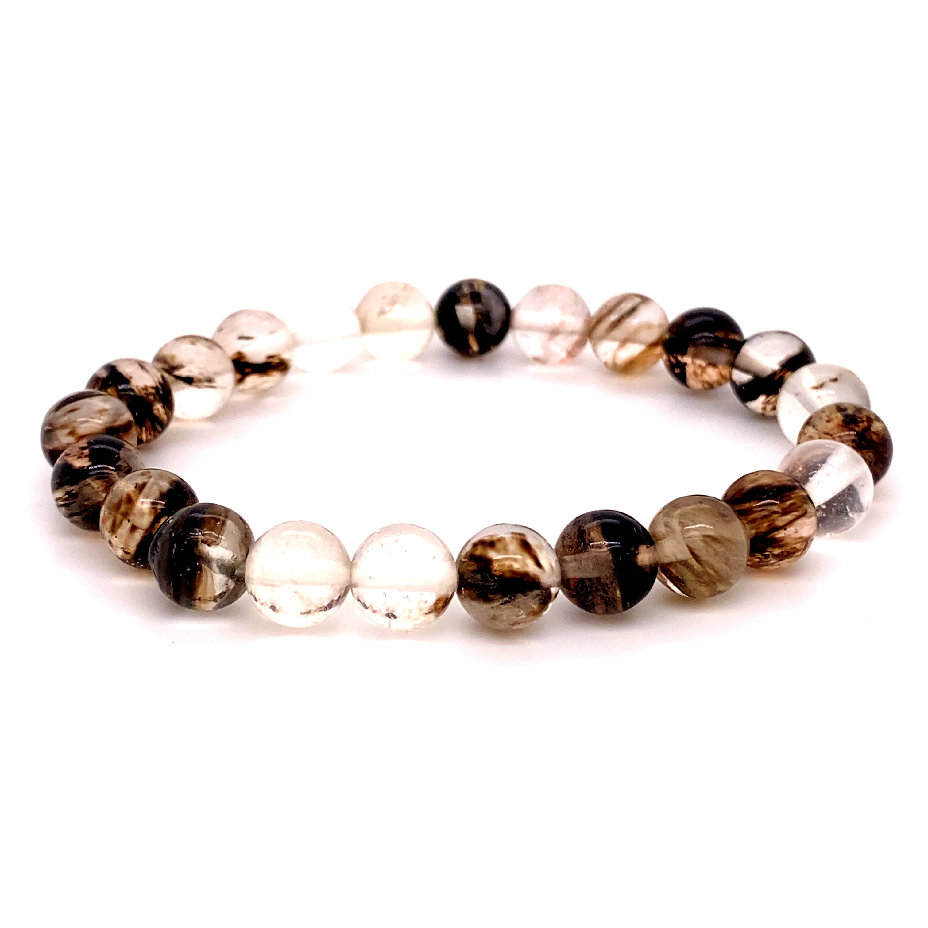 A Super Silver Beaded Stone Bracelet with black and white beads on a white background.