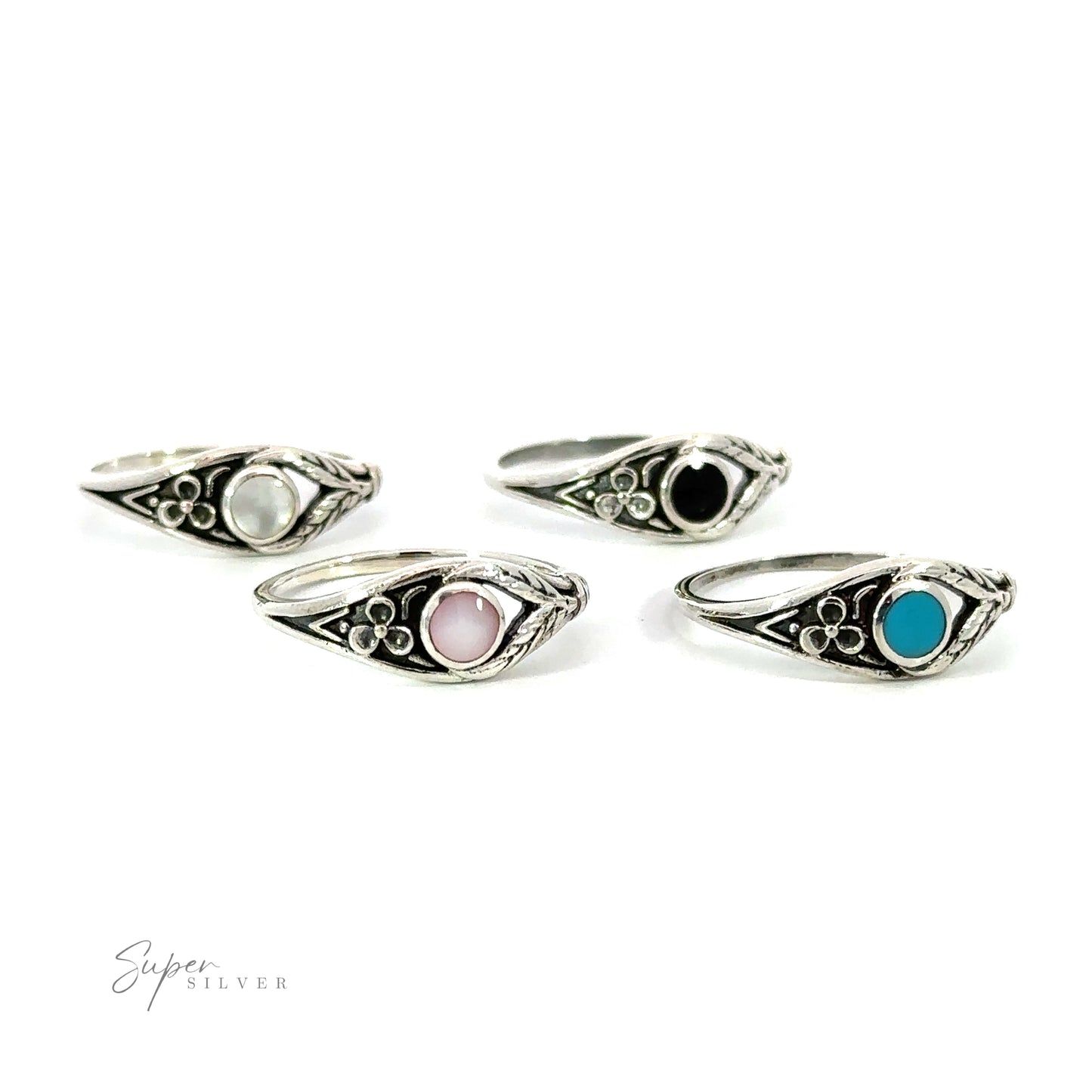 
                  
                    Four Inlay Stone Rings with Flower and Leaf Design in .925 Sterling Silver.
                  
                