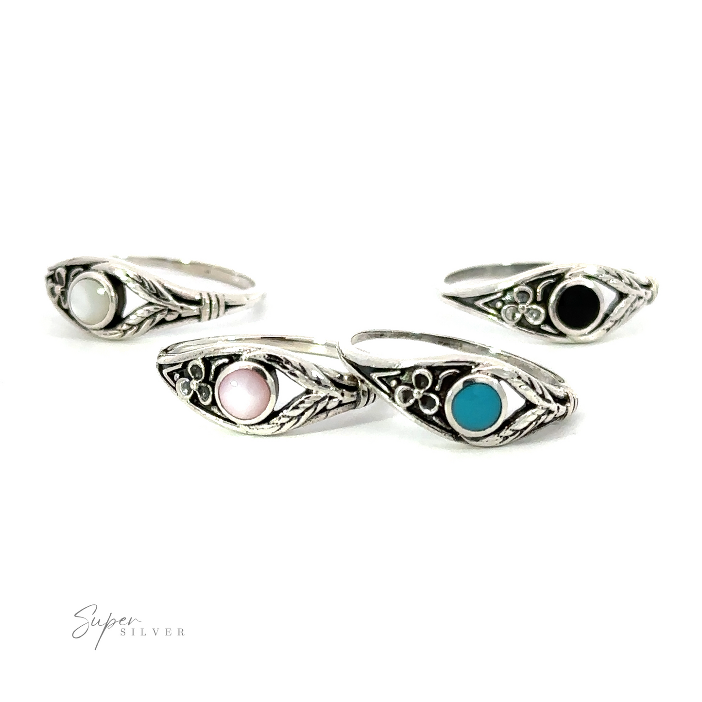 Three silver rings with different colored stones, featuring Inlay Stone Ring with Flower and Leaf Design designs and Inlay Stone Ring with Flower and Leaf Design circle stone ring. Made from .925 Sterling Silver.