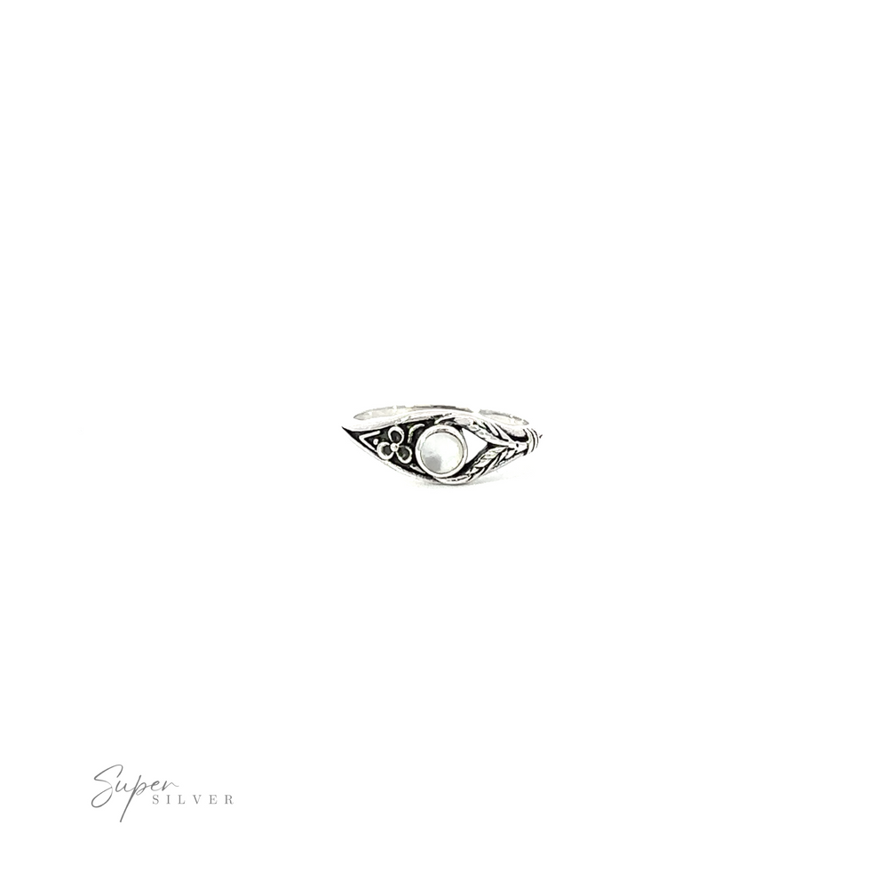 
                  
                    A silver Inlay Stone Ring with Flower and Leaf Design, featuring a flower and leaf design on its inlay circle stone. Crafted from .925 Sterling Silver.
                  
                