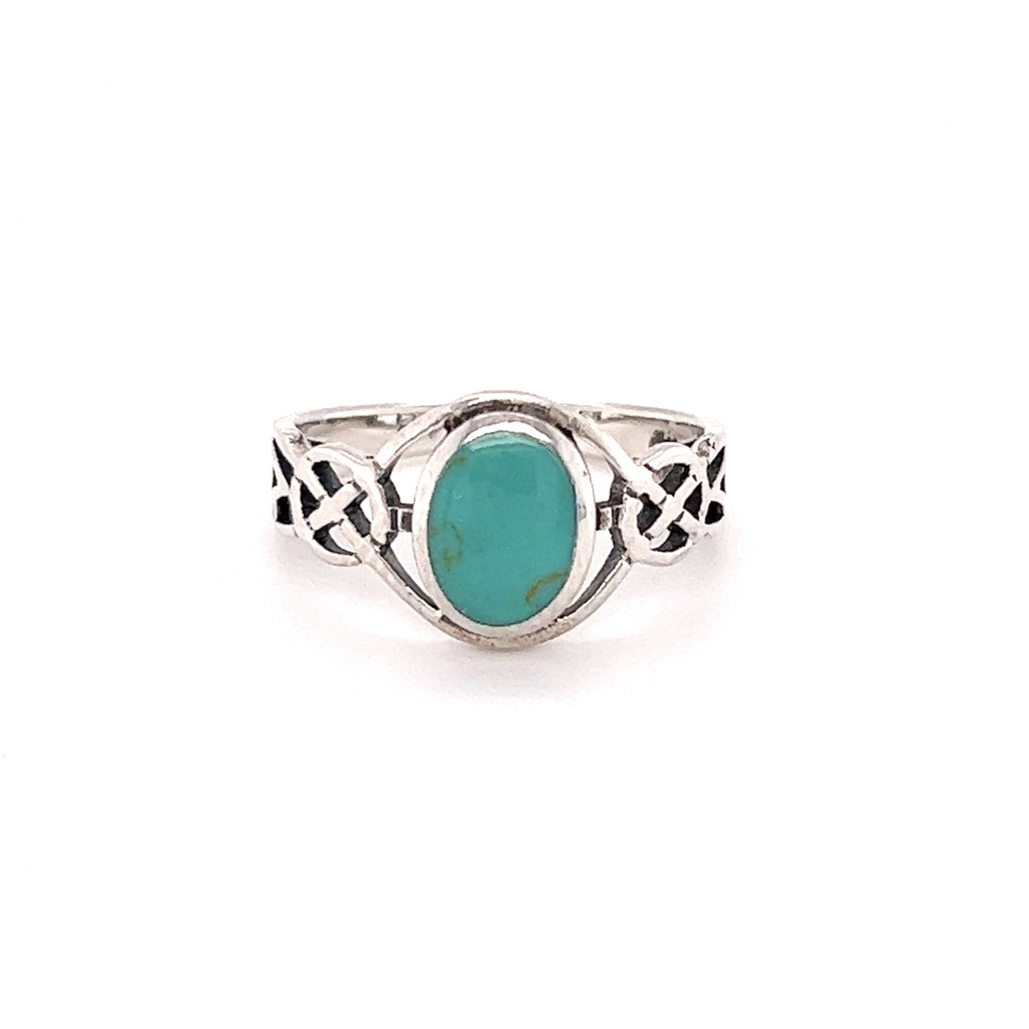 A silver ring with an Inlay Turquoise Braided Knot stone.