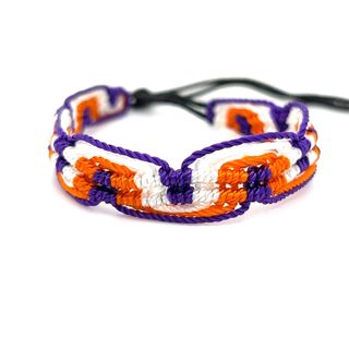 
                  
                    Bright purple and orange Super Silver Clemson Tigers adjustable Colorful Friendship Bracelet.
                  
                