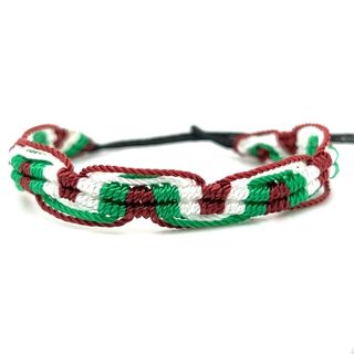 
                  
                    A bright green, red and white adjustable Colorful Friendship Bracelet by Super Silver.
                  
                