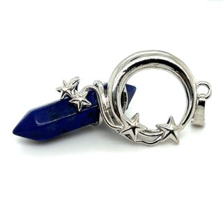 
                  
                    A Moon and Stars Crystal Pendant with a lapis stone and stars, representing the universe and its healing properties by Super Silver.
                  
                