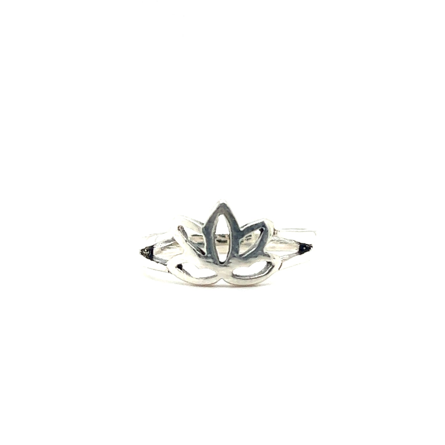 A minimalist silver ring with a Lotus Flower Outline design.