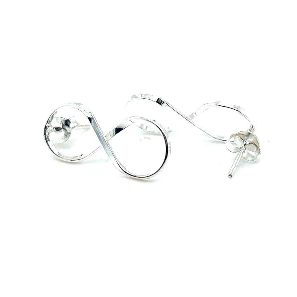 A pair of Super Silver Delicate Infinity Shaped Earrings with a delicate design on a white surface.