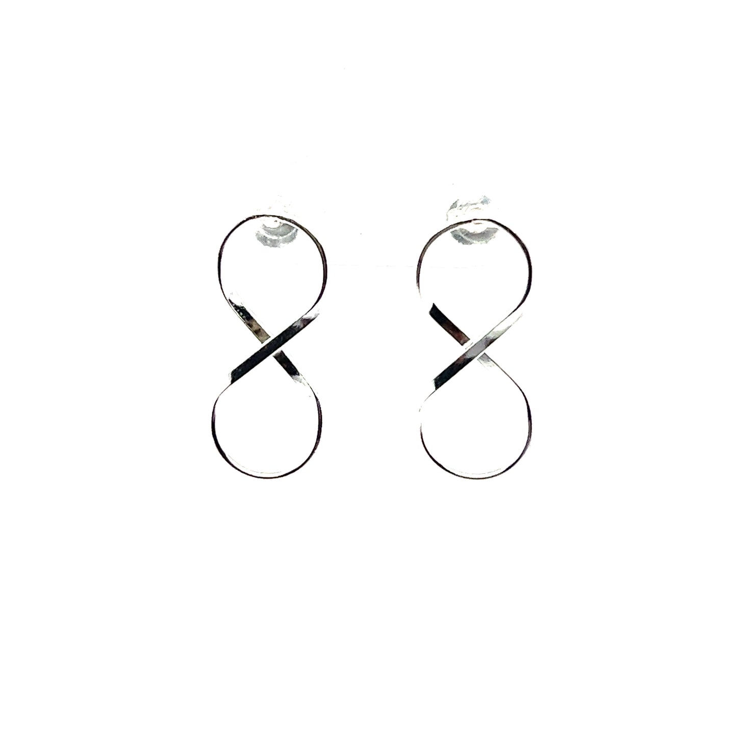 A pair of Delicate Infinity Shaped Earrings by Super Silver with a modern design on a white background.