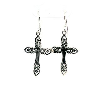 A pair of Super Silver Celtic Knot Cross Earrings, symbolizing eternity and interconnectedness, showcased on a clean white background.