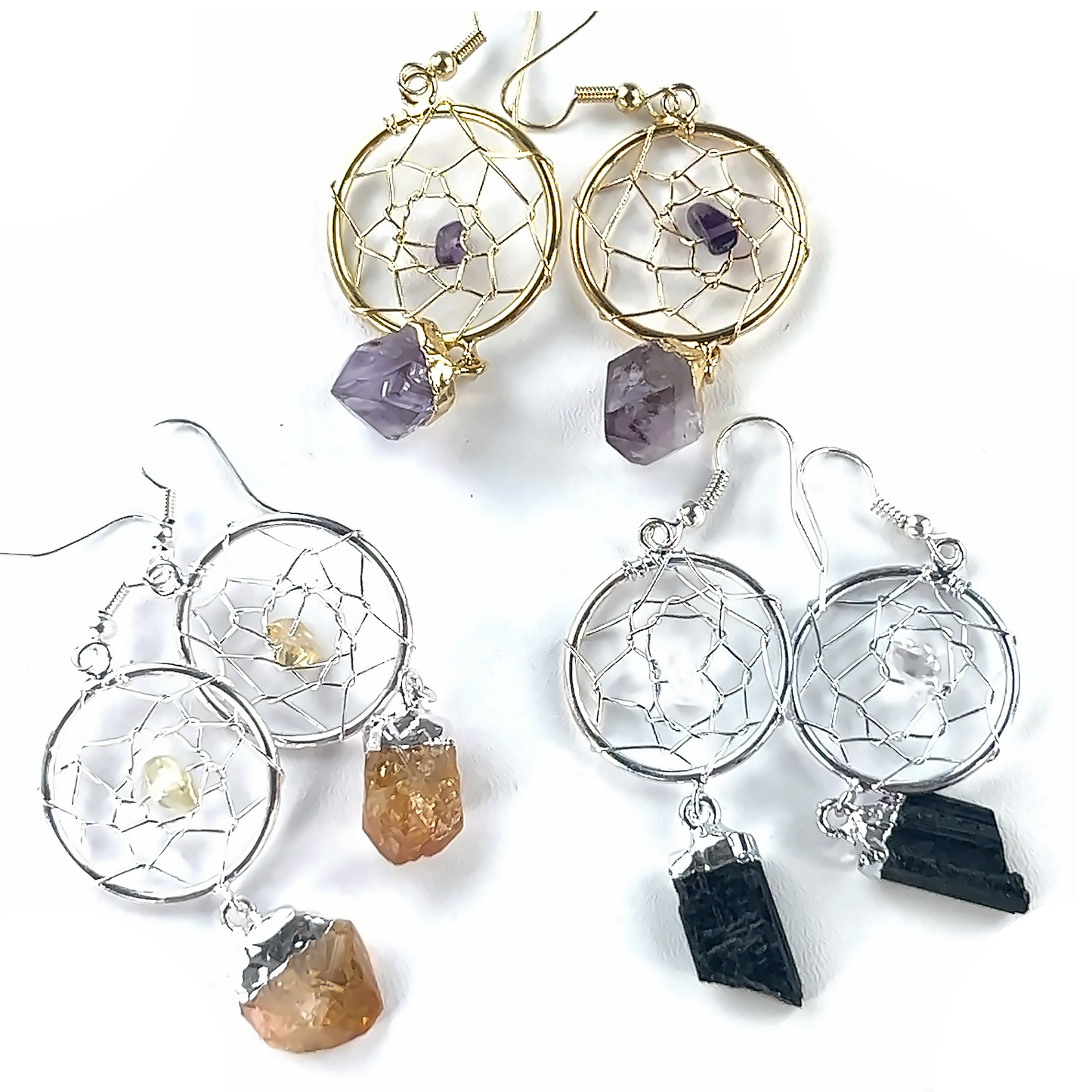 Super Silver's Raw Crystal Dream Catcher Earrings elegantly combine gemstones such as amethyst and quartz crystals.