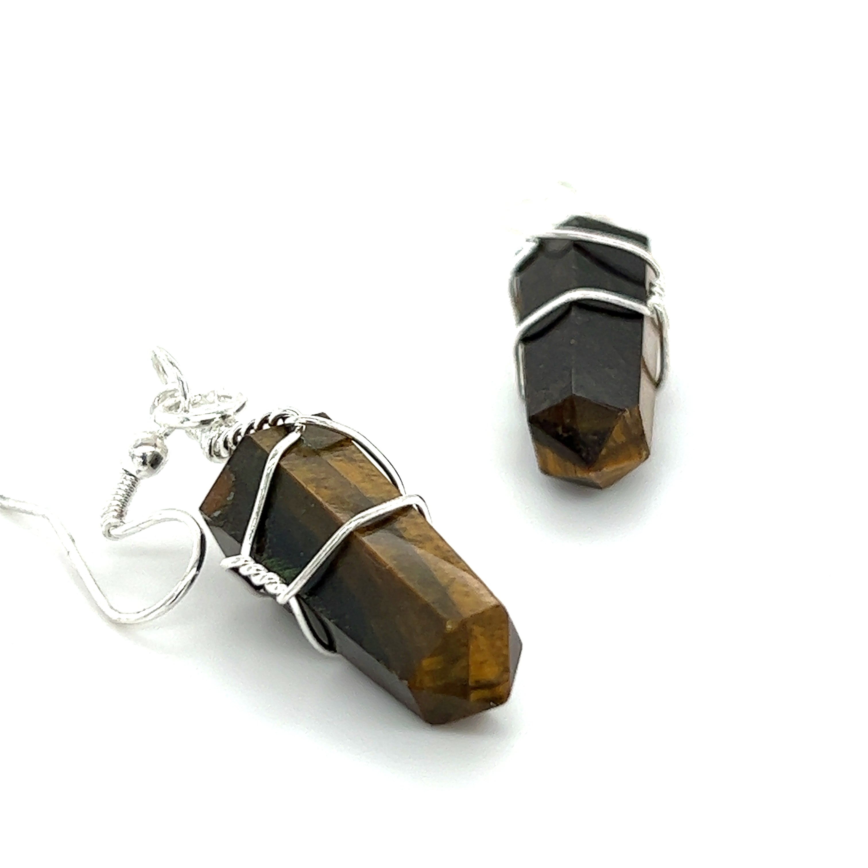 A pair of Super Silver Wire Wrapped Stone Earrings with genuine tiger eye stones crafted in mixed metal.