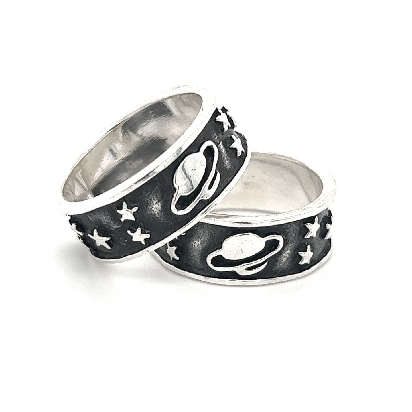 Two Super Silver Heavy Space Rings with stars and planets from outer space on them.