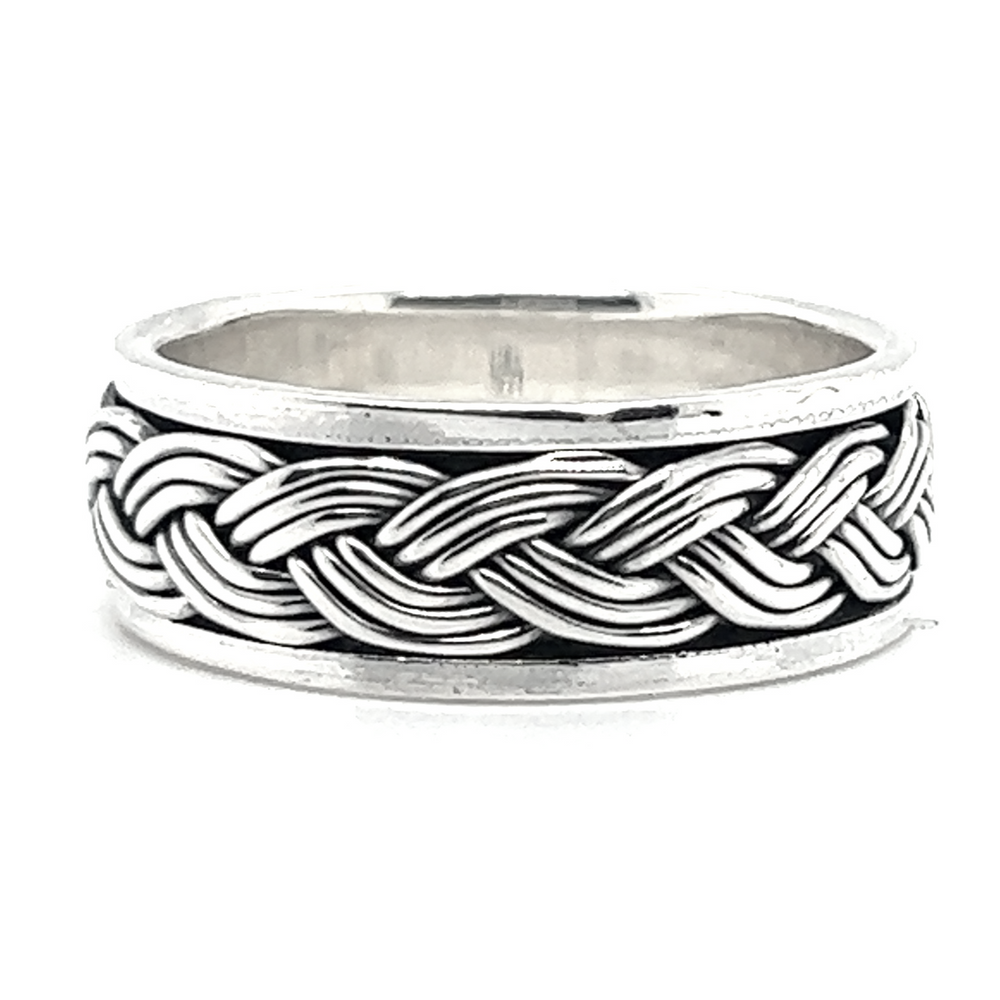 A .925 Sterling Silver Rope Spinner Ring with a braided design.