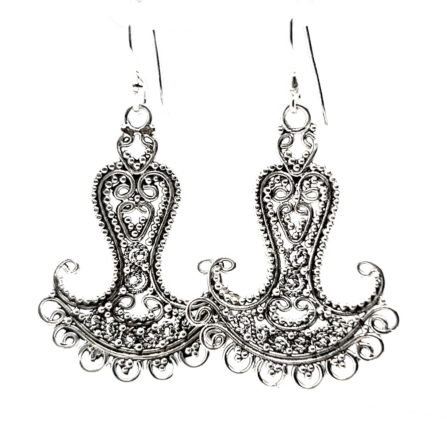 A pair of exquisite Handmade Bali Freeform Statement Earrings with ornate Super Silver designs.