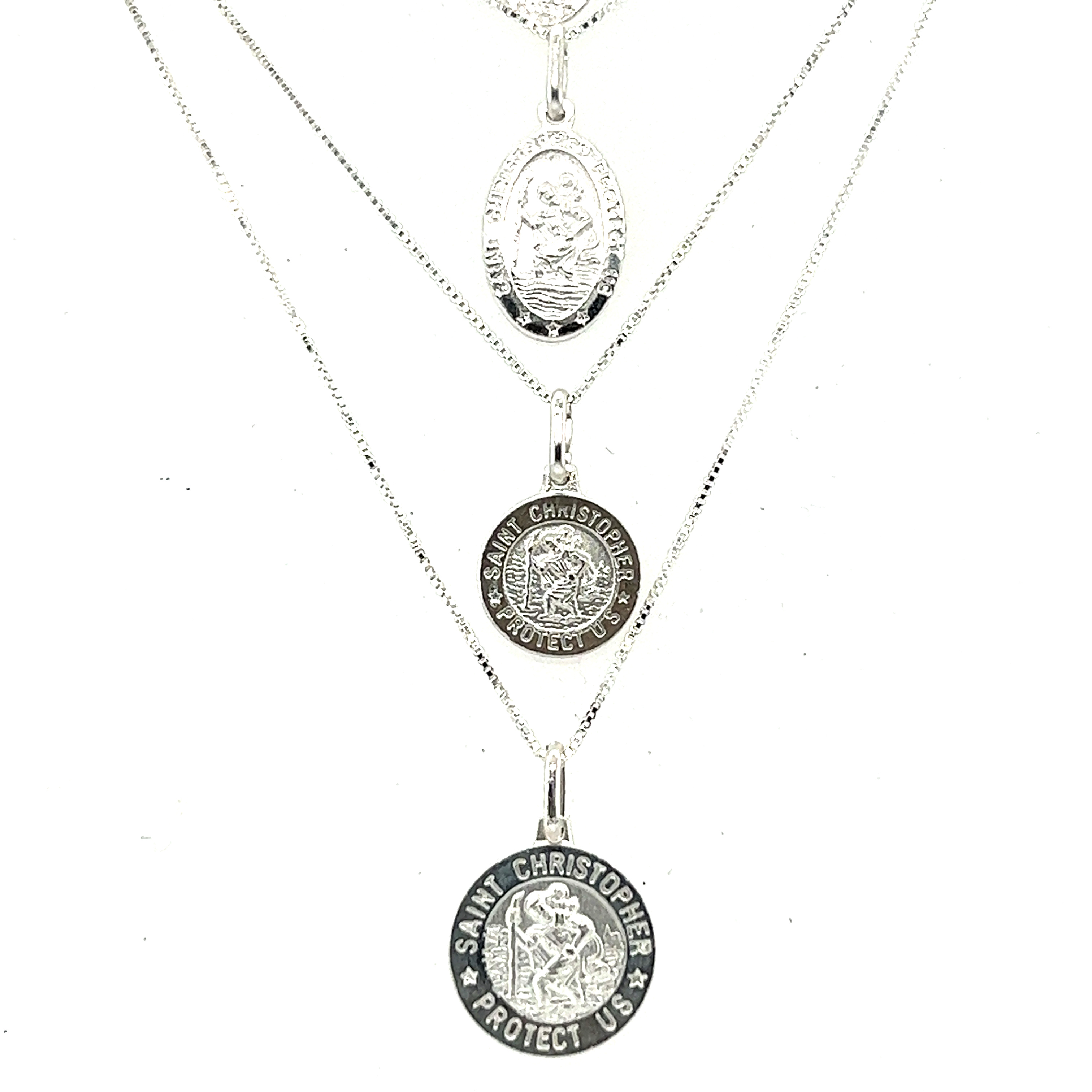 Super Silver's St John the Baptist necklace features medals of Saint Christopher, the patron saint of travelers, made with their Saint Christopher Medallion available in various sizes.