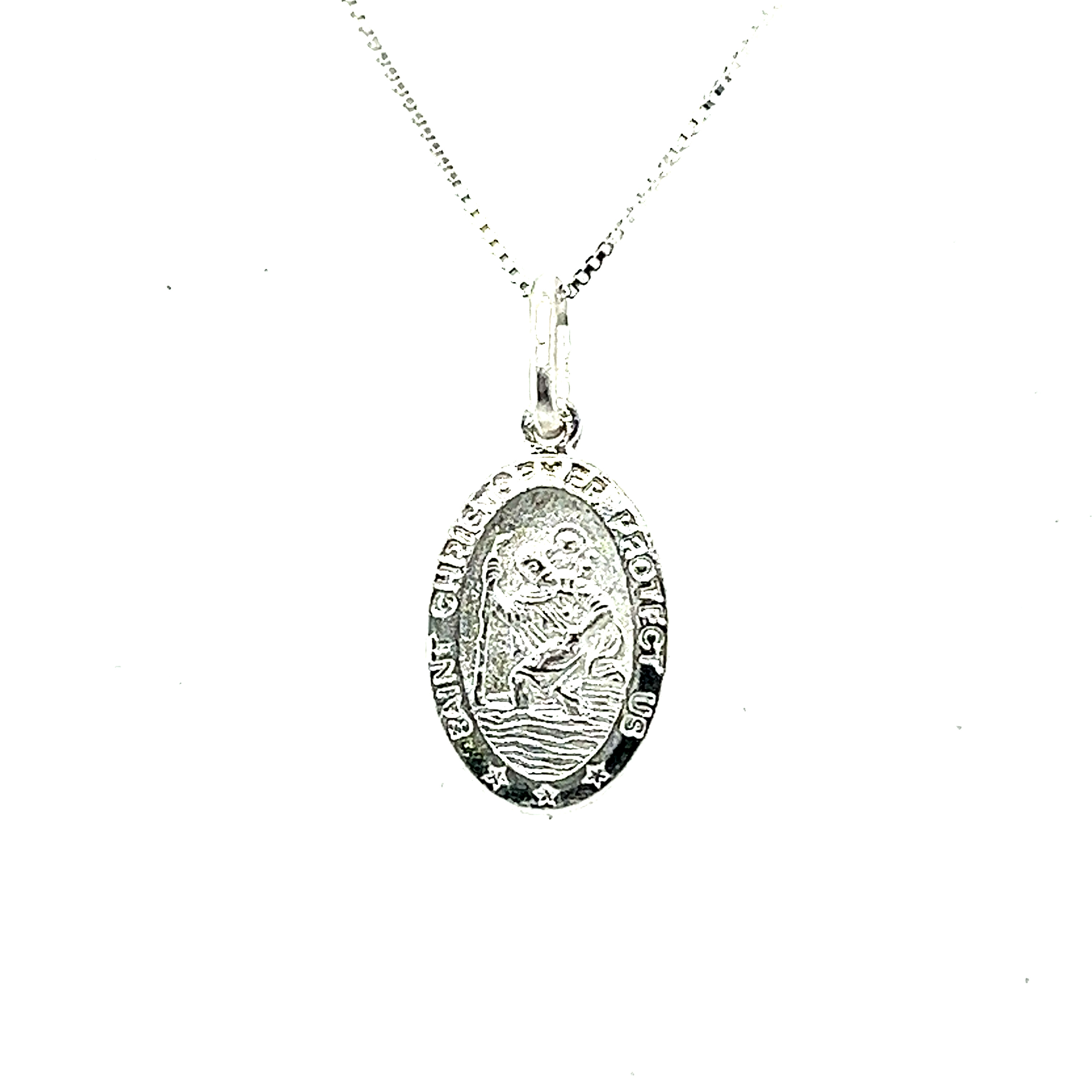A Super Silver pendant featuring the image of Saint Christopher, patron saint of travelers.