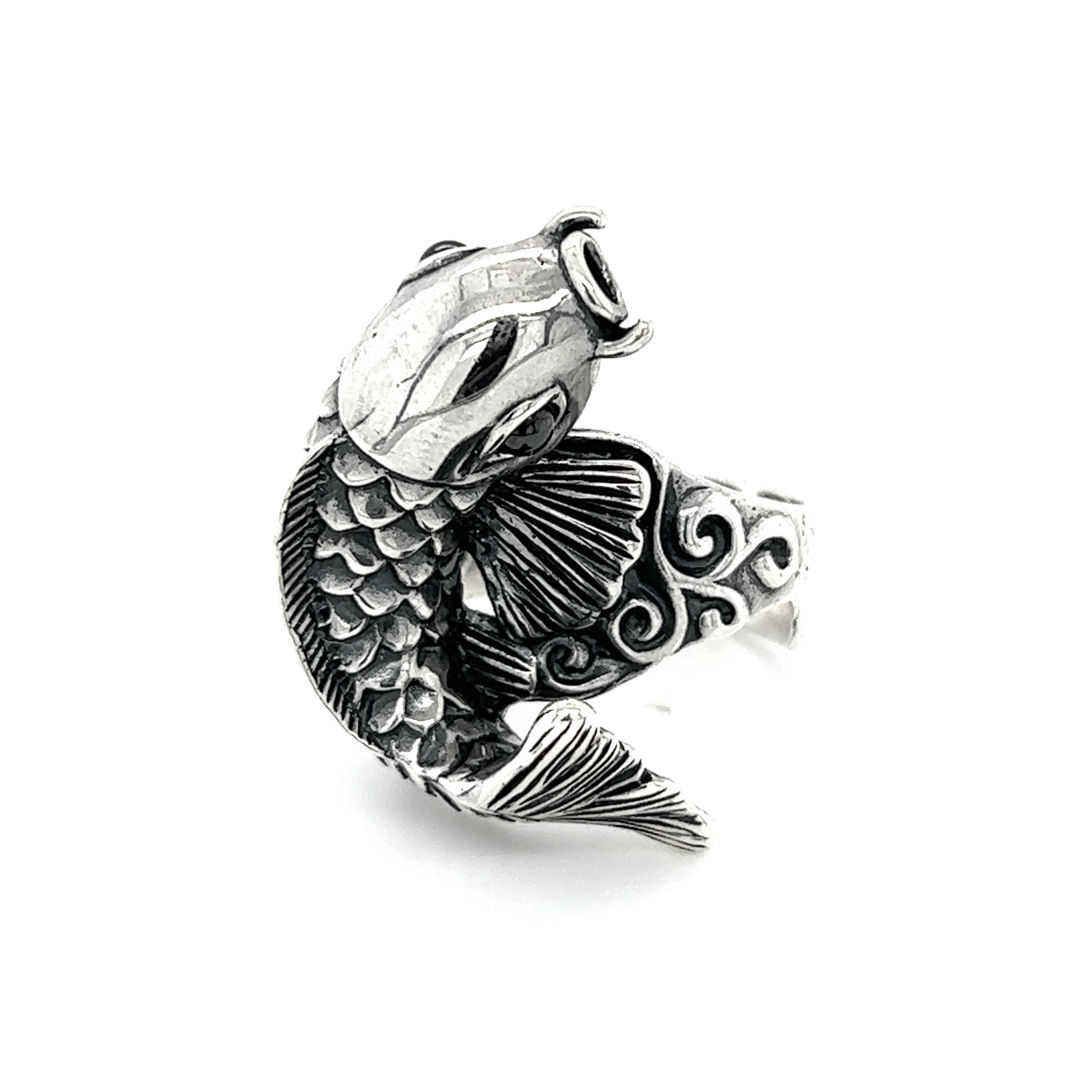 An artisan Detailed Statement Koi Fish Ring on a white background.