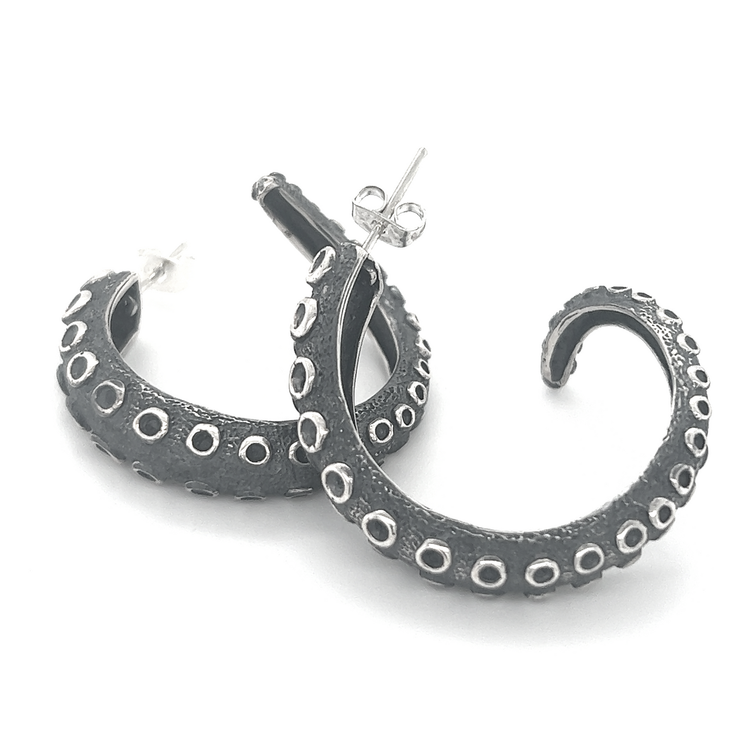 
                  
                    Super Silver Edgy Octopus Tentacle Hoop Earrings - black.
                  
                