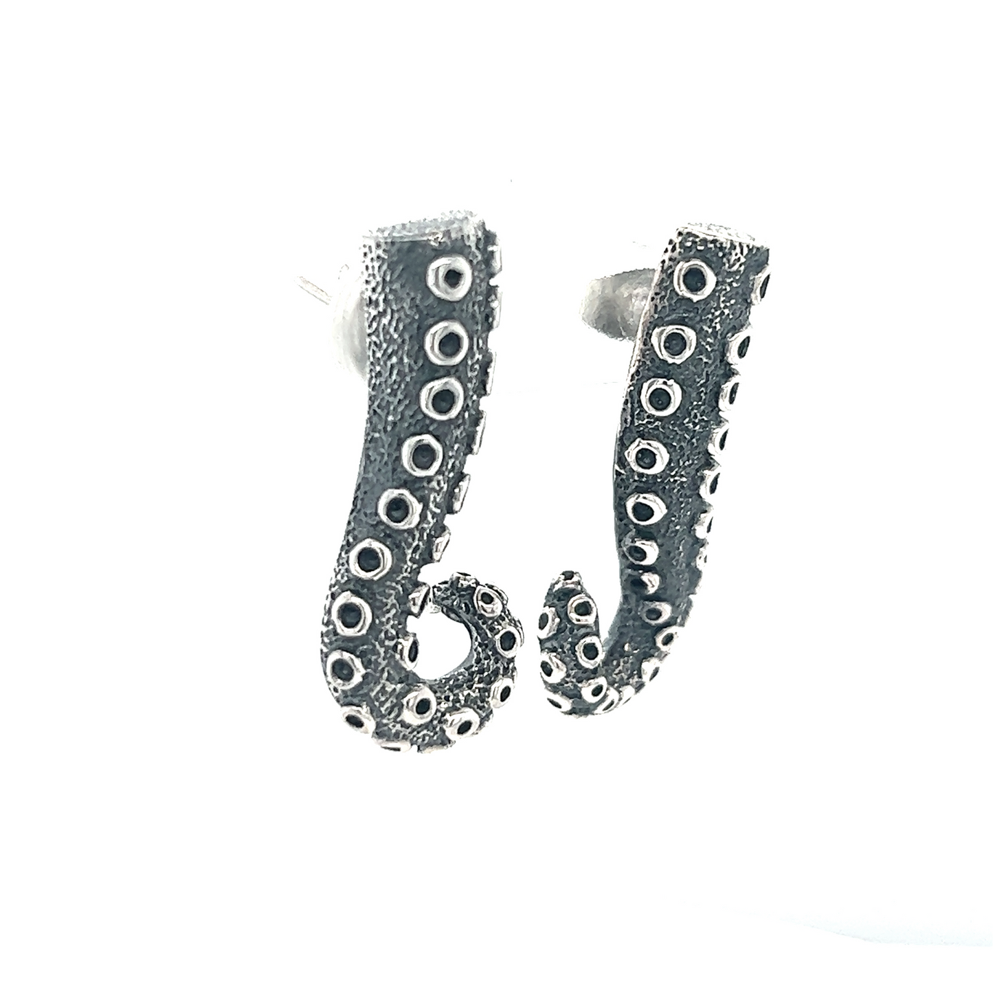 
                  
                    A pair of Super Silver Edgy Octopus Tentacle Post Earrings on a white background, inspired by the deep sea.
                  
                