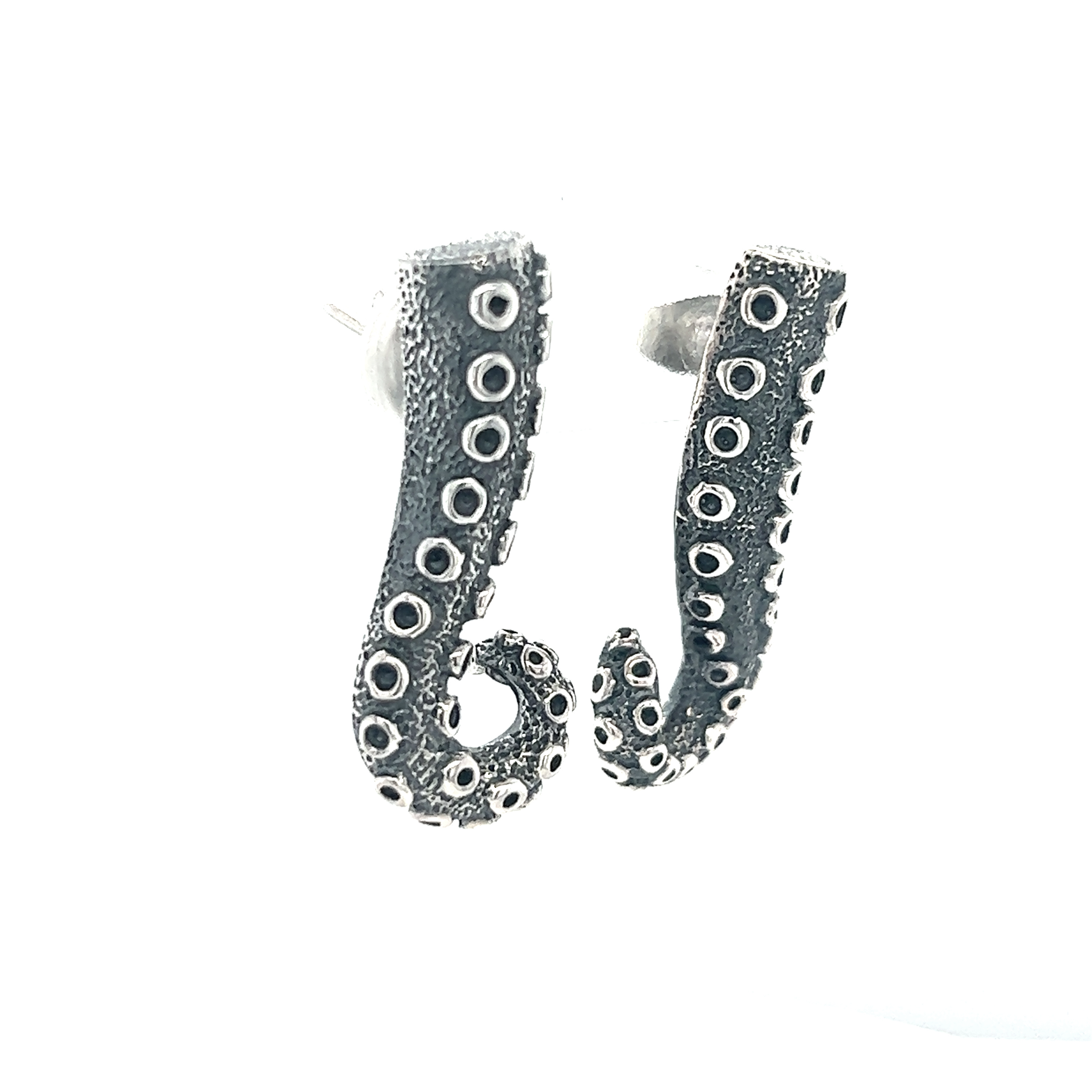 A pair of Super Silver Edgy Octopus Tentacle Post Earrings on a white background, inspired by the deep sea.