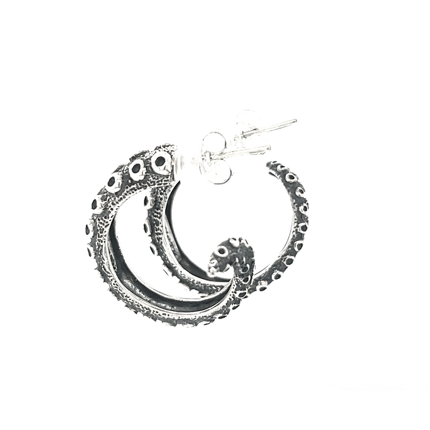 
                  
                    These Edgy Octopus Tentacle Hoop Earrings from Super Silver showcase a unique design inspired by oceanic charm, set against a pristine white background.
                  
                