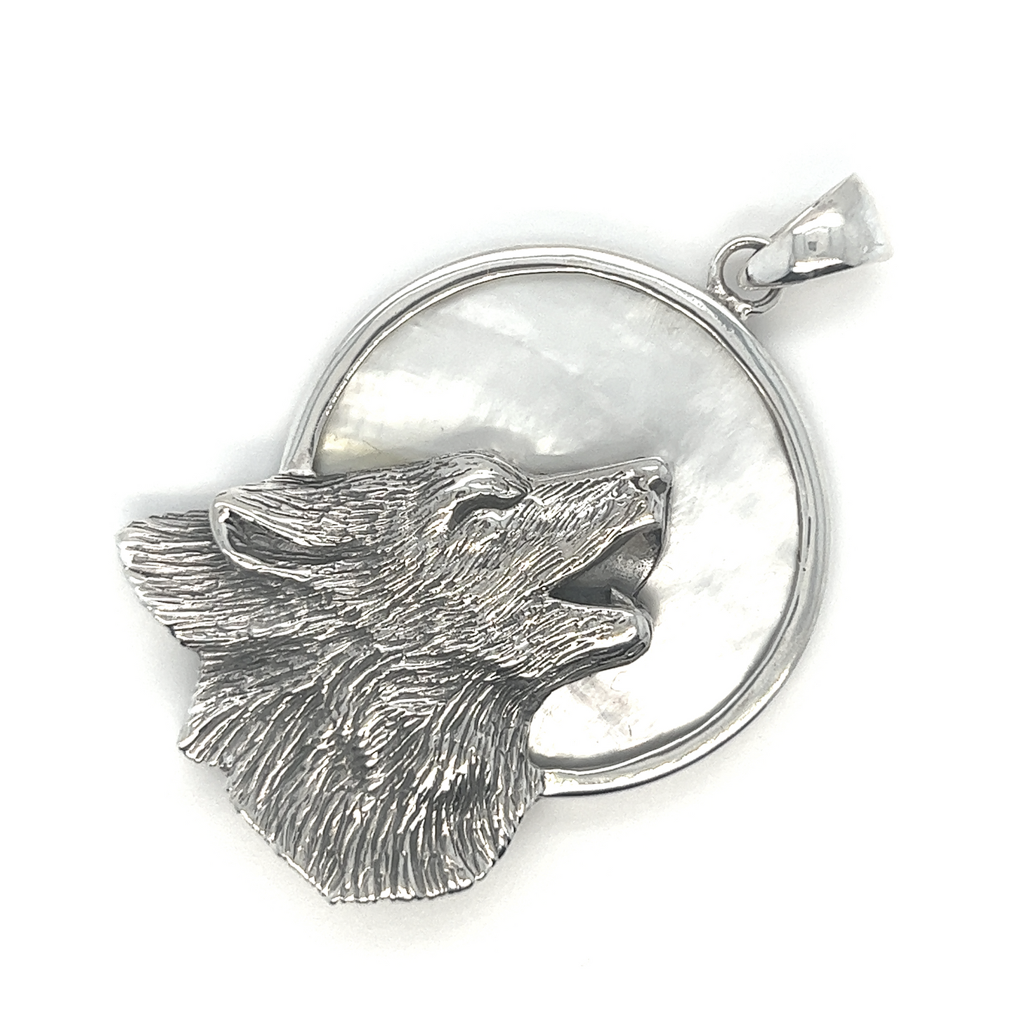 
                  
                    A symbolic Wolf Howling At The Full Moon pendant in the form of a Super Silver statement necklace.
                  
                
