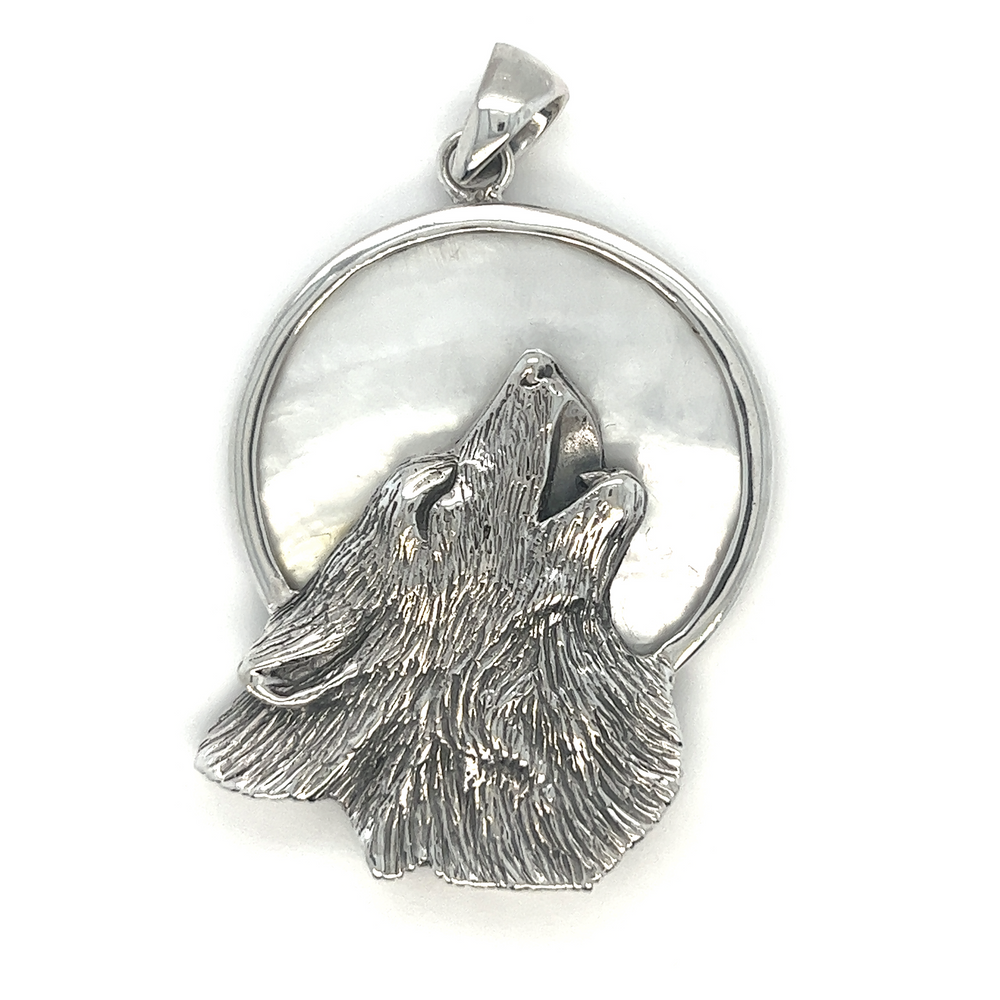 A symbolic Wolf Howling At The Full Moon Pendant, perfect as a statement necklace, by Super Silver.