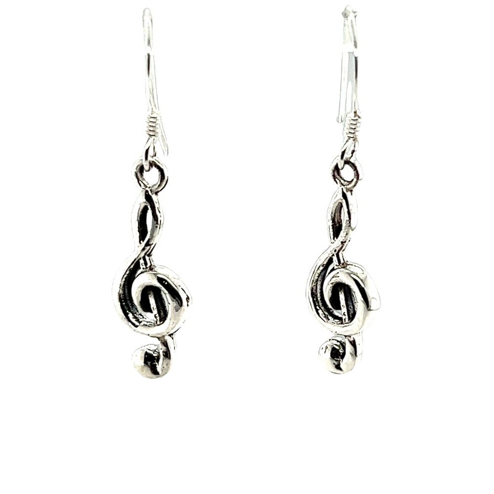 A pair of silver Super Silver Treble Dangling Earrings on a white background.