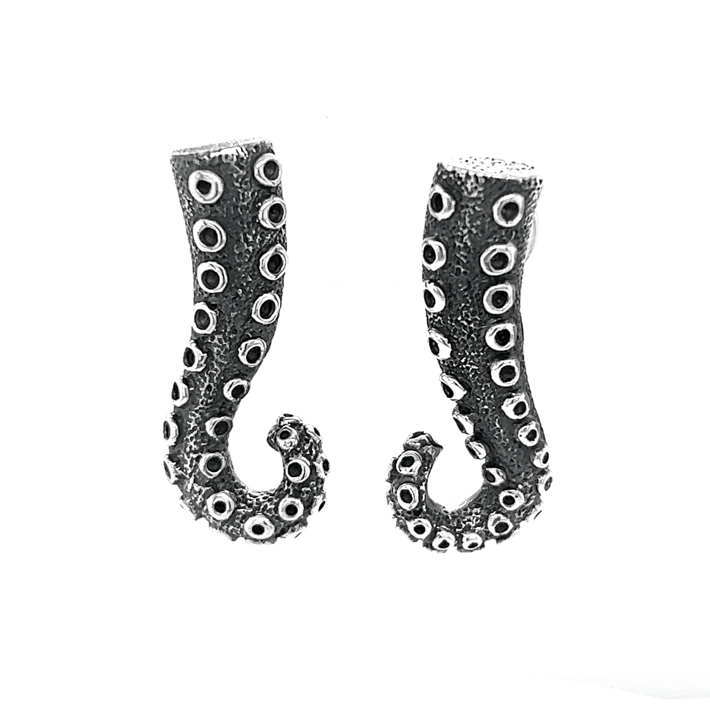 A pair of Super Silver Edgy Octopus Tentacle Post Earrings with intricately detailed tentacles on a white background.