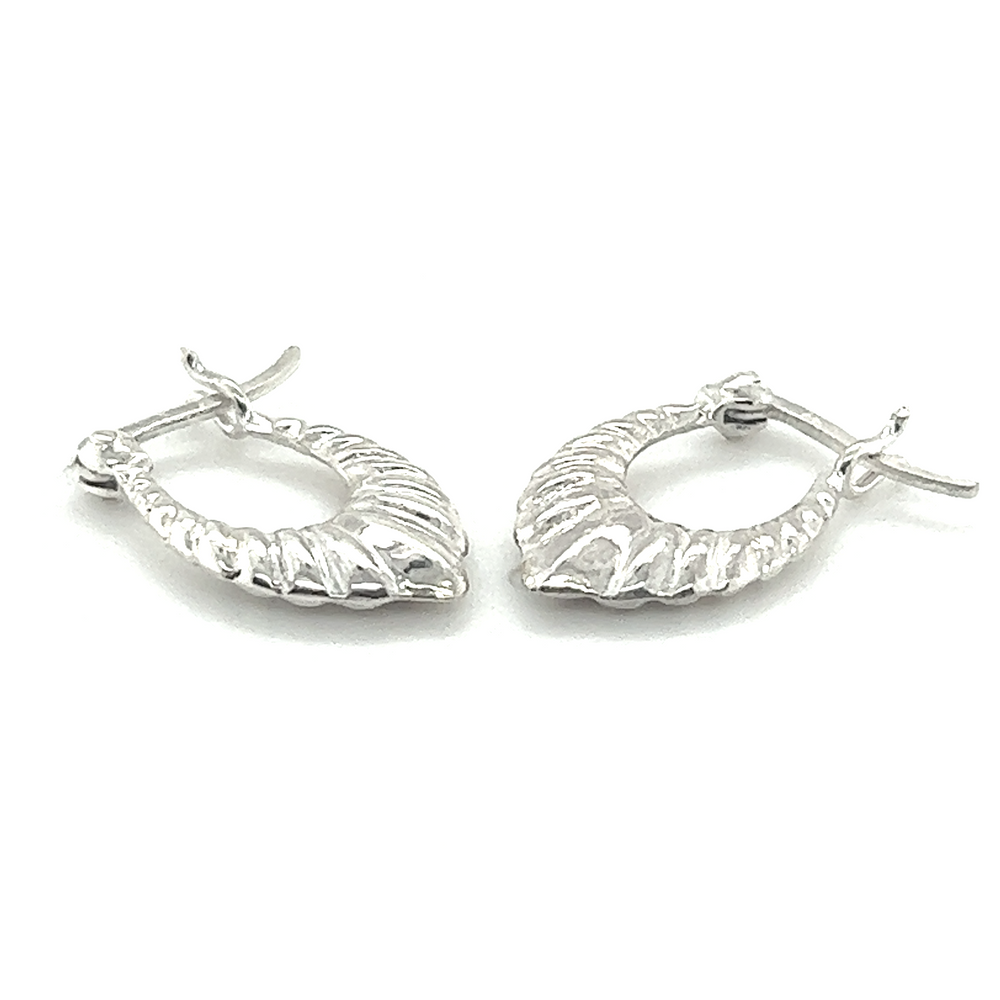 A pair of Super Silver Dainty Latch Hoop Earrings on a white background.