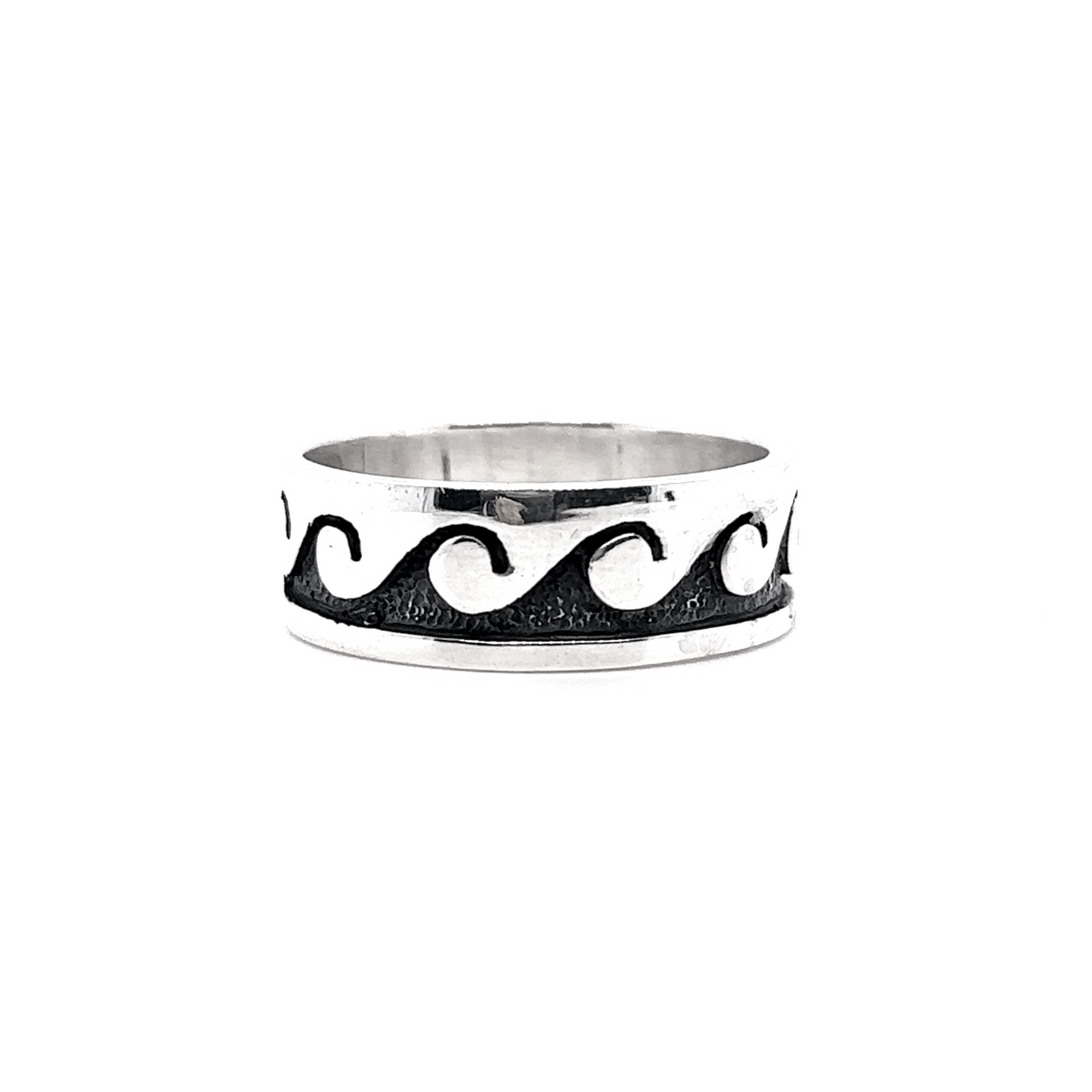 
                  
                    A silver 8mm Wave Band band with black and white wave patterns reminiscent of the ocean.
                  
                