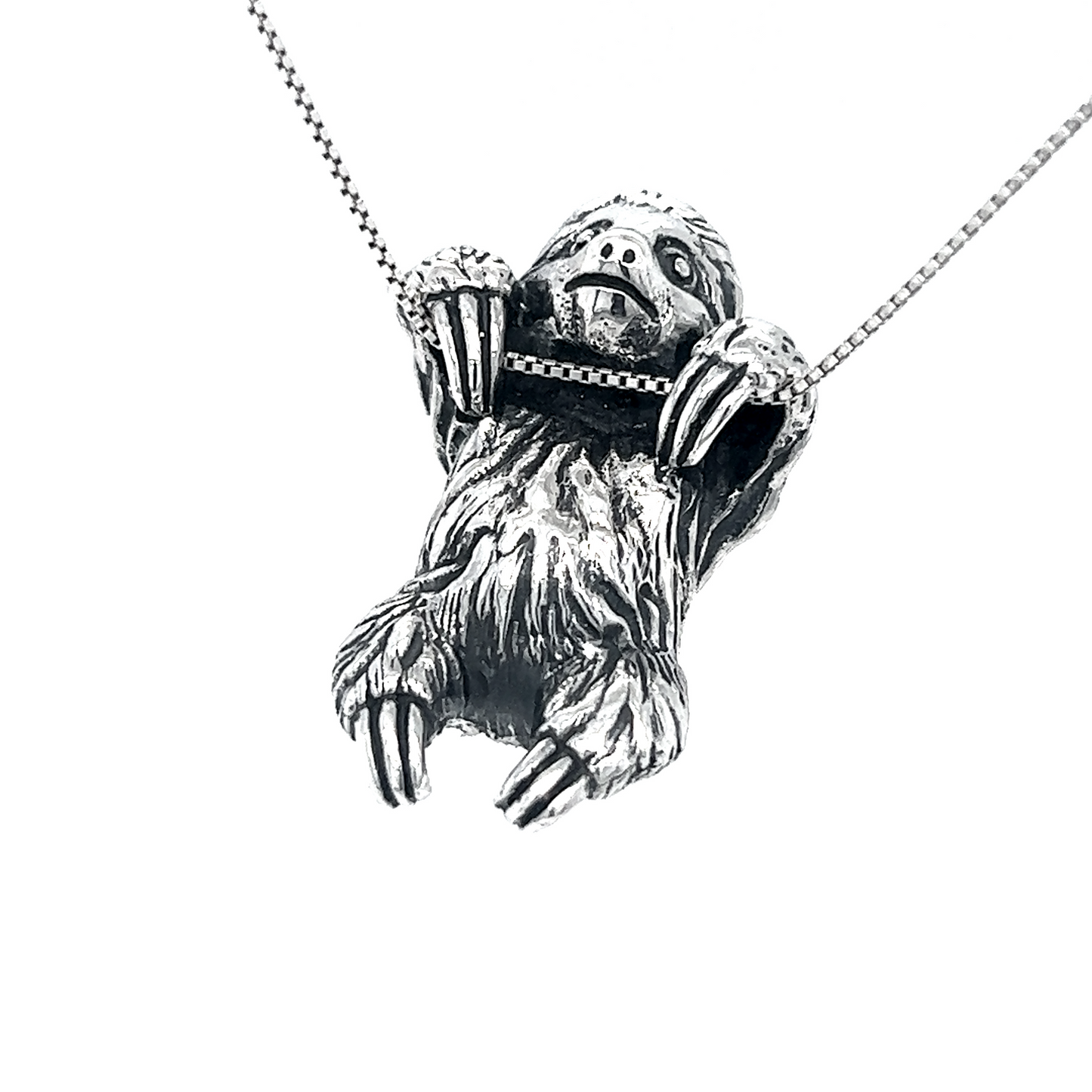 A Super Silver Sloth Pendant hanging on a white background.