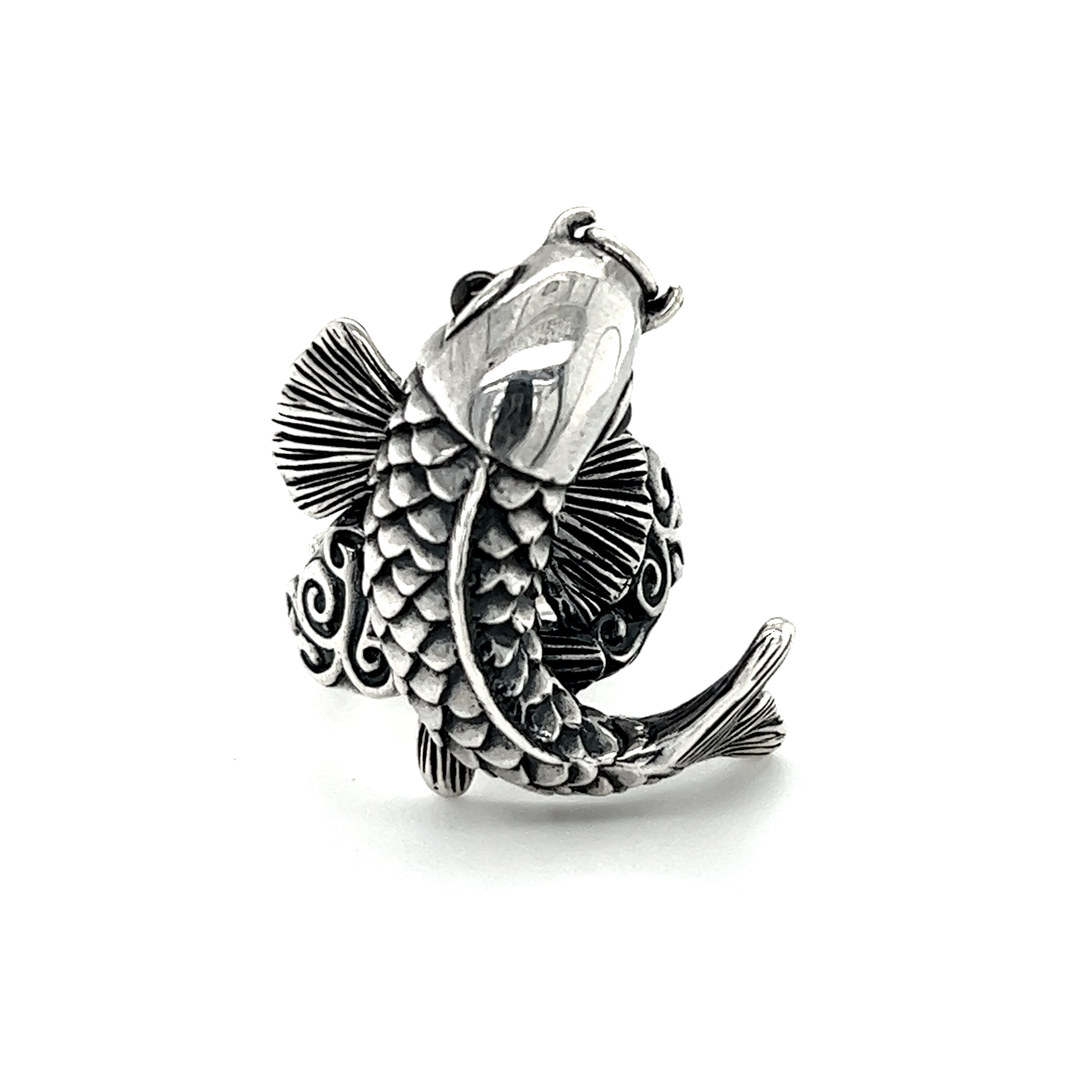 A adjustable silver Detailed Statement Koi Fish ring on a white background.