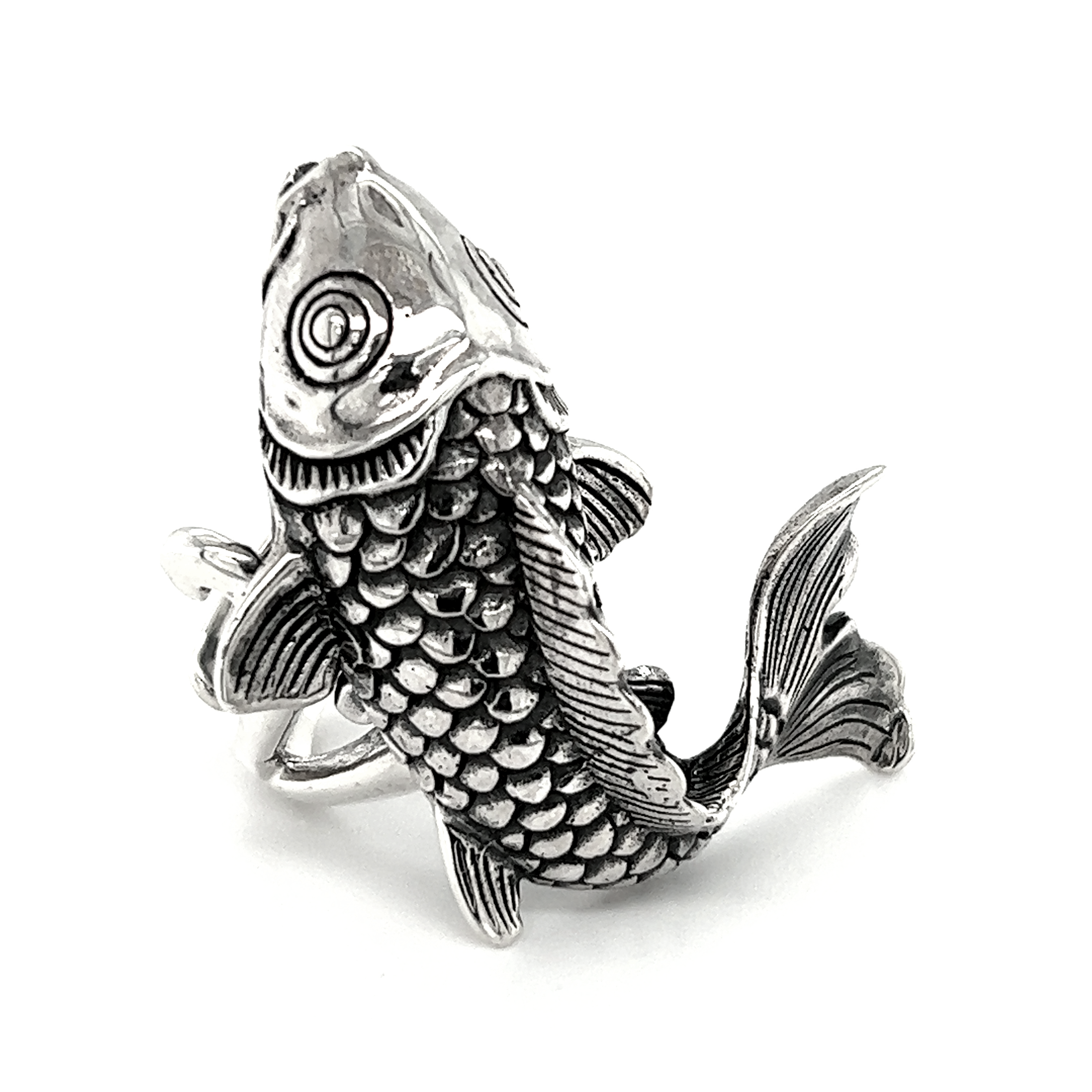 An artisan-crafted adjustable Detailed Statement Koi Fish ring on a white background.