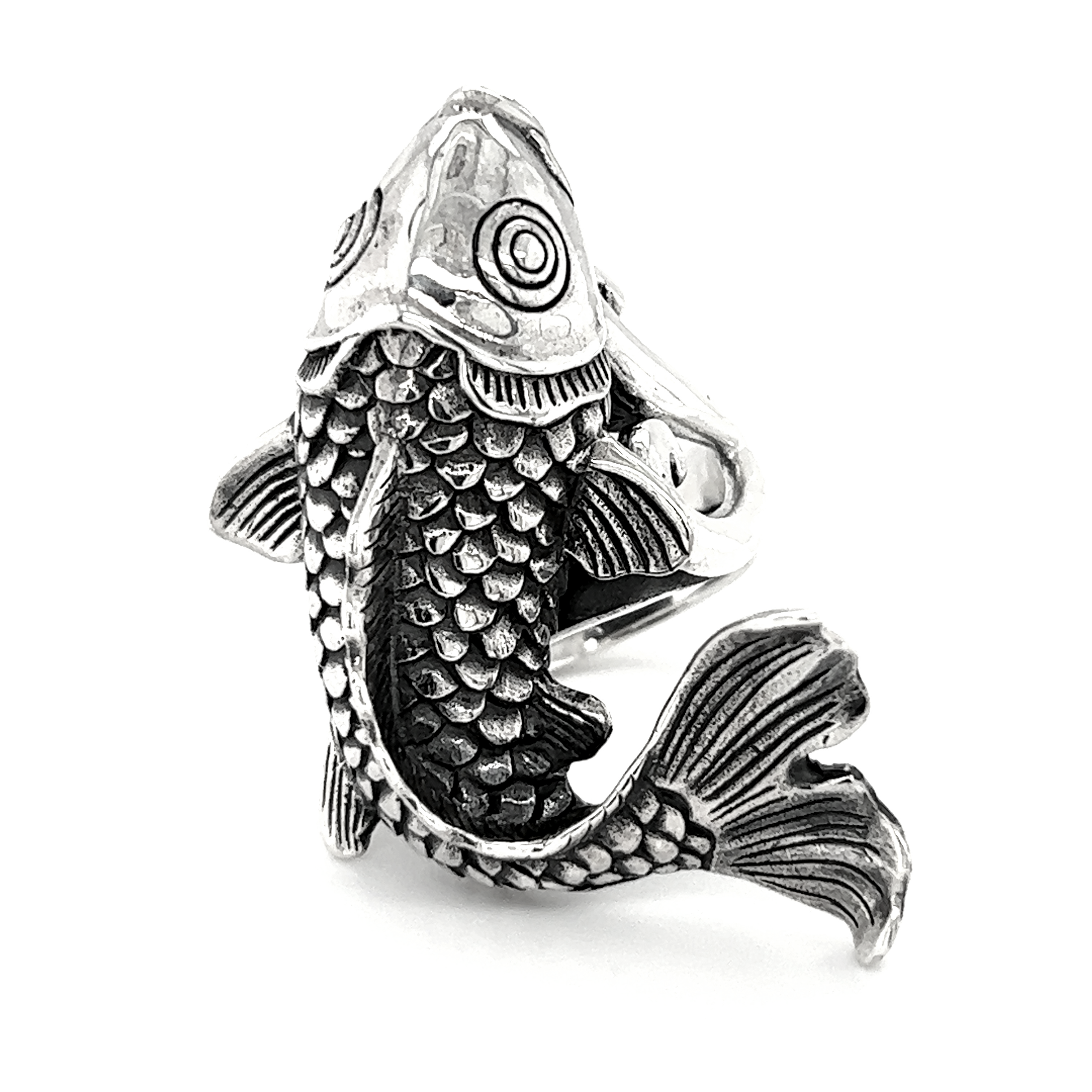 An artisan Detailed Statement Koi Fish ring on a white background.