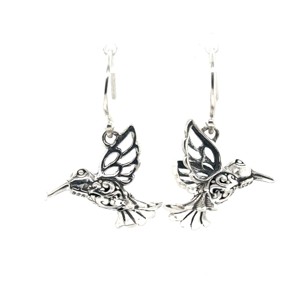 Filigree Hummingbird earrings in sterling silver with filigree design, by Super Silver.