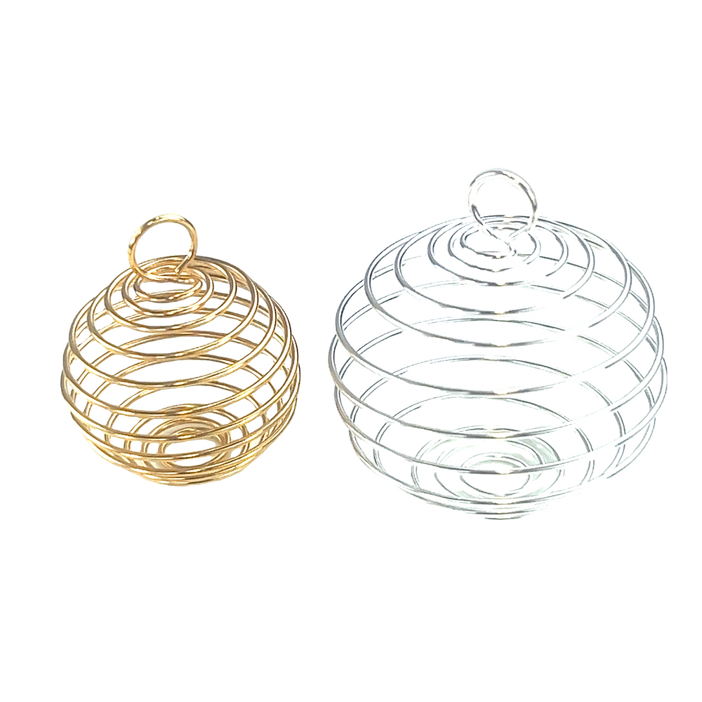 Two Super Silver Spiral Cage Pendant ornaments on a white background.