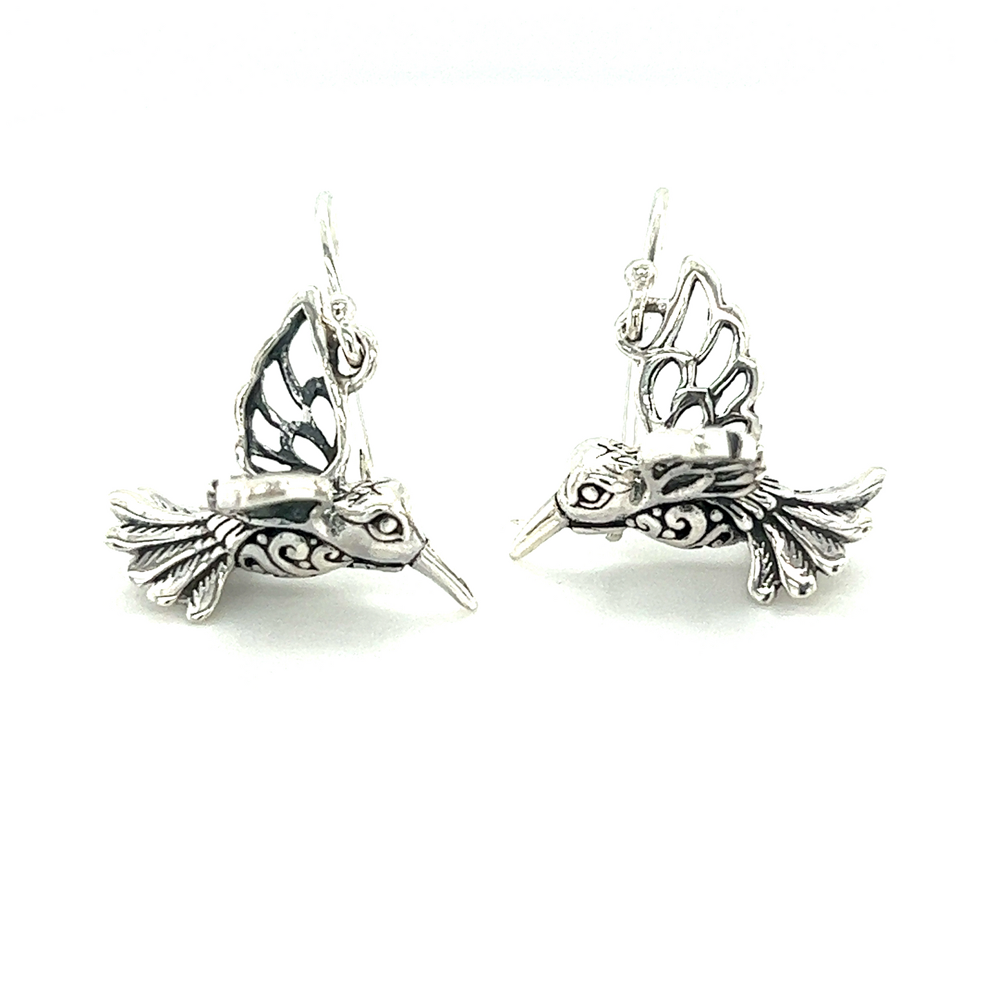 A pair of Super Silver Filigree Hummingbird Earrings on a white background.